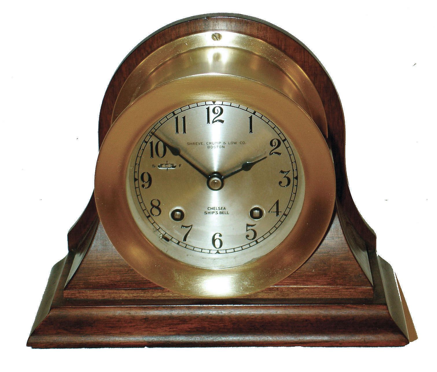 Chelsea Clock Co, for Shreve Crump &amp; Low, Boston, brass 8 day time &amp; ship's bell strike marine clock on mahogany cradle, #651033, c1962 — Antique Clocks Price Guide