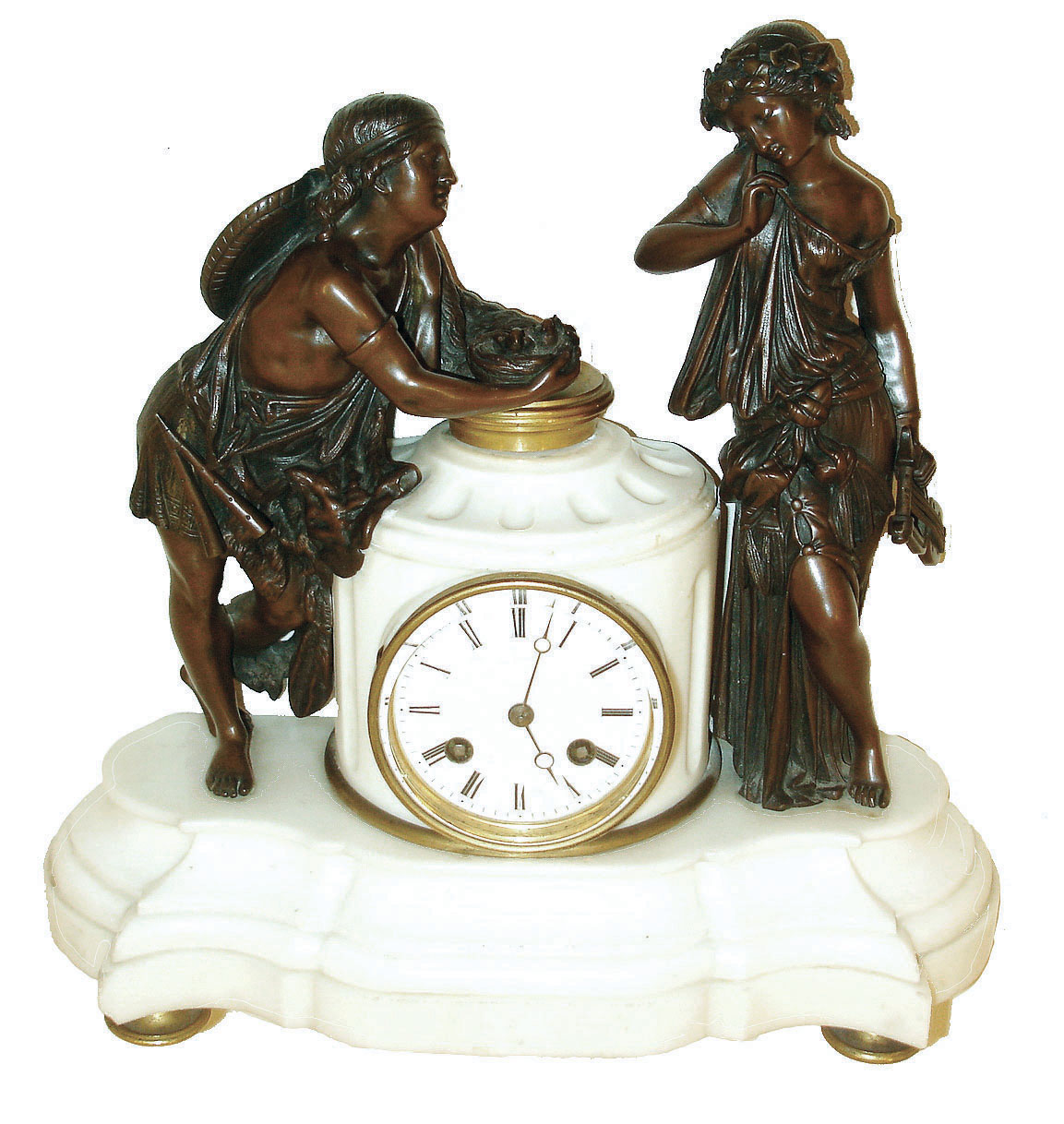 France, 8 days, time and strike, figural mantel clock with pendule a Paris movement, deeply molded white marble base on gilt feet supporting a fluted marble cylinder containing the clock dial and movement, with flanking patinated figures, each with musical instruments, the figure on the left cradling a nest with two birds, gilt bezel with thick beveled glass, Roman numeral white enamel dial, blued steel Breguet style hands, c1870 — Antique Clocks Price Guide