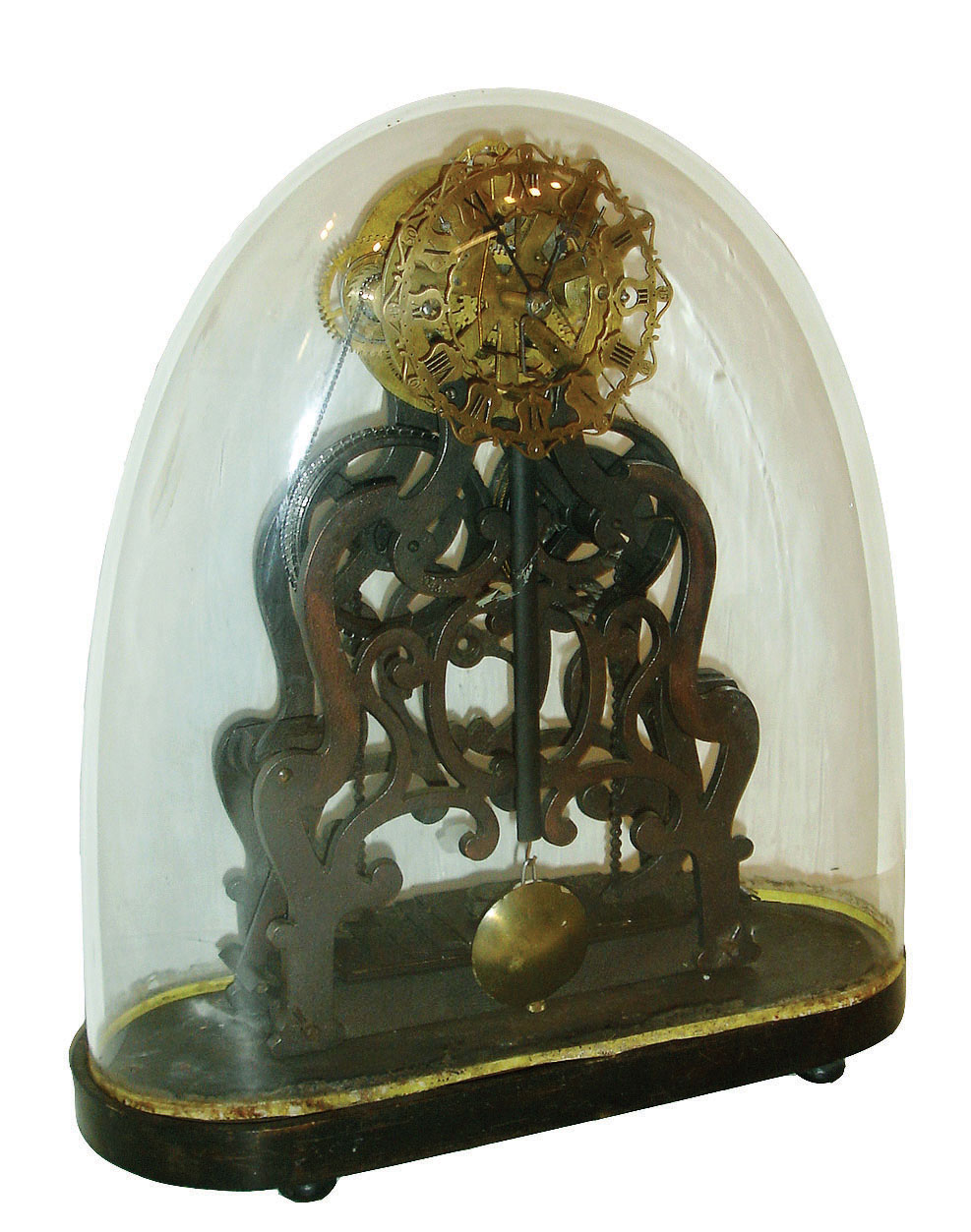 Atkins, Whiting &amp; Co., Bristol, Conn., 30-day fancy cast iron frame [Ives patent] wagon spring powered skeleton timepiece with pierced silvered dial under glass dome, c1855 — Antique Clocks Price Guide