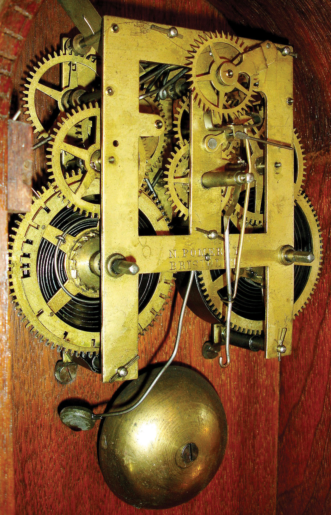 George A. Jones &amp; Co, 6 Cortlandt St., NY, "Corinthian" model 8 day spring driven time and strike, with movement by Noah Pomeroy, Bristol, CT in a walnut case, c1870 — Antique Clocks Price Guide