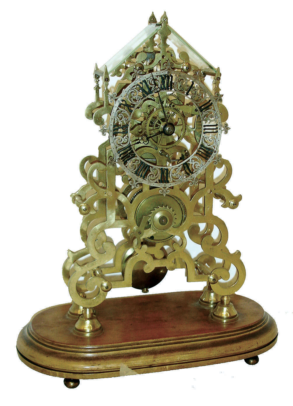 England, attributed to W. F. Evans, Handsworth, single fusee skeleton clock of excellent quality, with fine 5-spoke wheels in the train. also with pierced and engraved dial, on a light birch base, less dome, C.1875 — Antique Clocks Price Guide