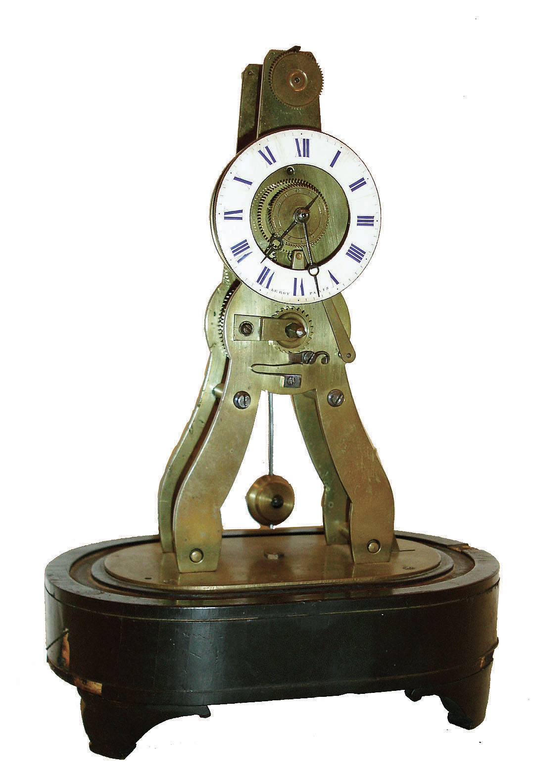 French, LeRoy, Paris, for the English market, miniature time and alarm skeleton clock /less dome, this one fitted with a period Swiss 2 1/2" cylinder musical movement for the alarm, going barrel time movement with silk suspension, C.1851 — Antique Clocks Price Guide