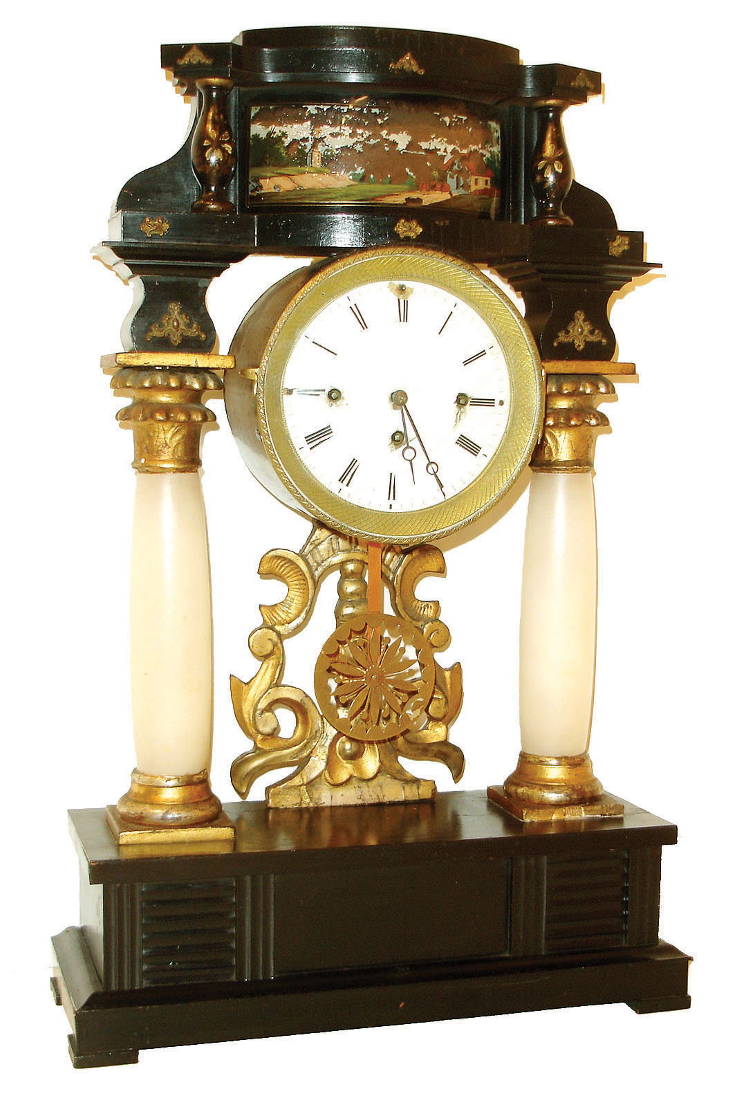 Austria, 2-day three train grand sonnerie striking shelf clock with Viennese full quarter striking, ebonized wooden case with alabaster columns, giltwood capitals and bases, the top with paint decorated baluster form pillars and reverse painted scene with a country house and monument in a landscape, engine turned bezel and dial surround, Roman numeral white enamel dial, blued steel Breguet style hands, pierced brass silk thread suspended pendulum, c1835 — Antique Clocks Price Guide