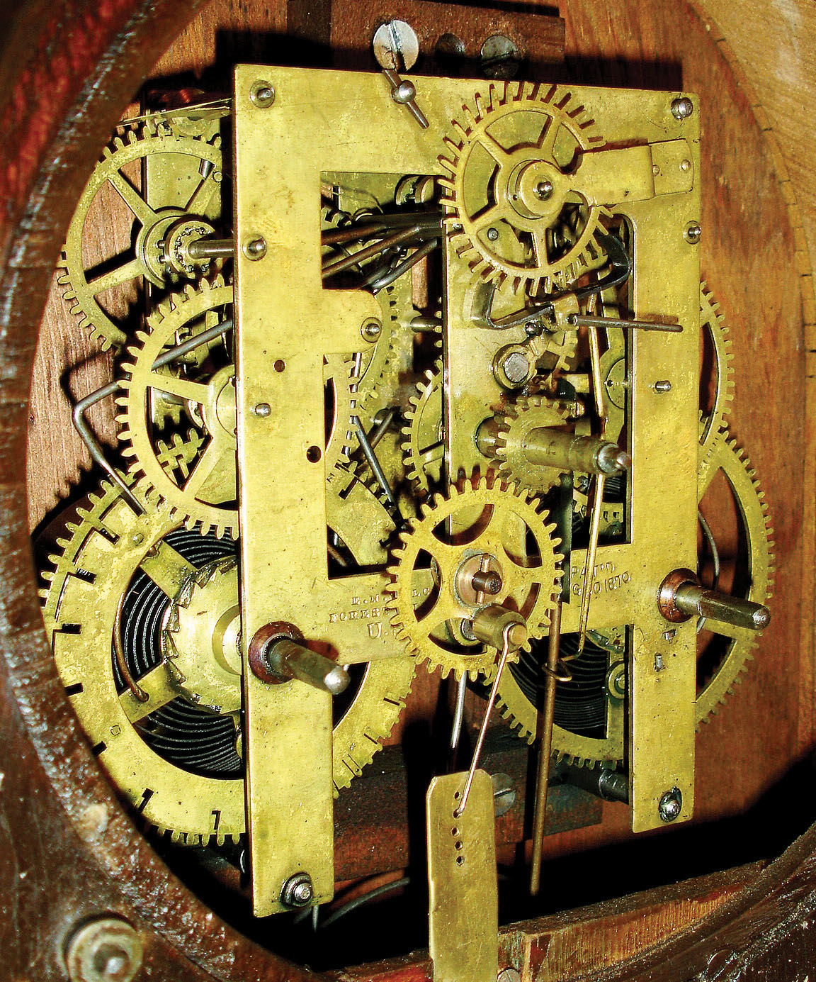 Welch, Spring &amp; Co. Forestville, Conn., "Italian" model spring driven 8 day time, strike and B. B. Lewis patent calendar shelf clock in rosewood case.  c1872. — Antique Clocks Price Guide
