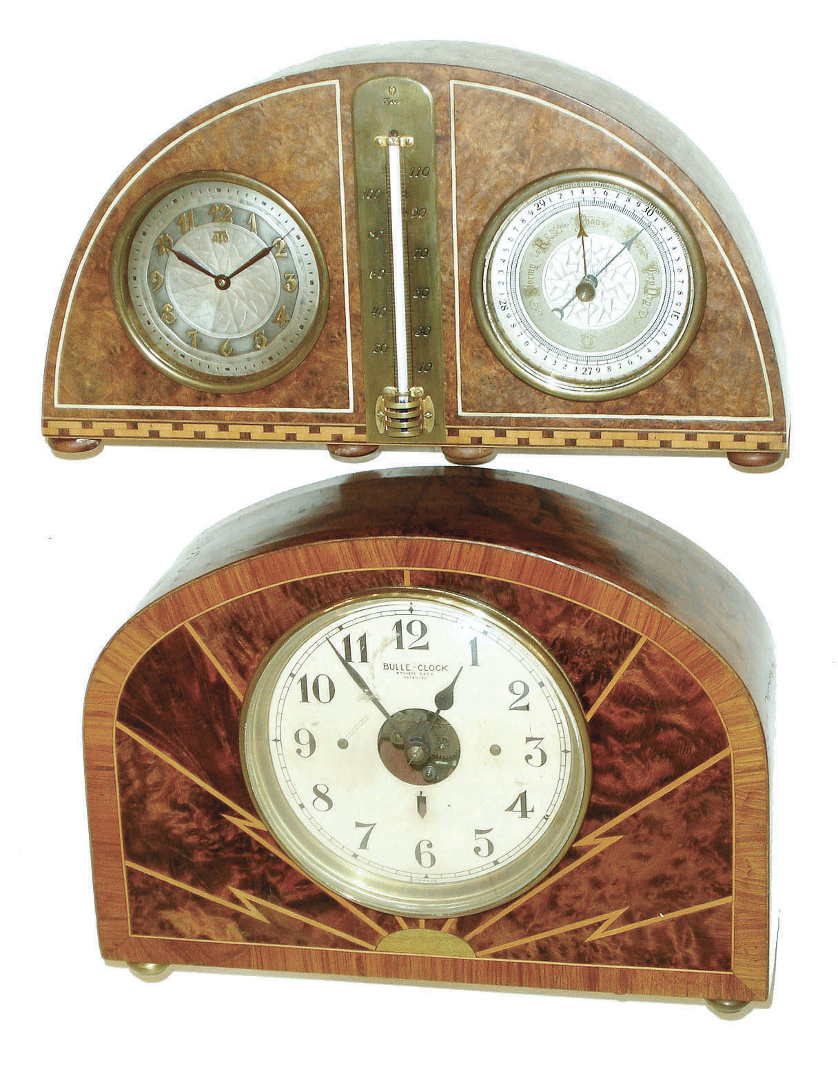 Clocks- 2 (Two) electromechanical inlaid walnut mantel clocks: French Bulle with lightning pattern; Herman Miller, Zeeland, Michigan, with French Hatot movement, thermometer and barometer, c1935 — Antique Clocks Price Guide
