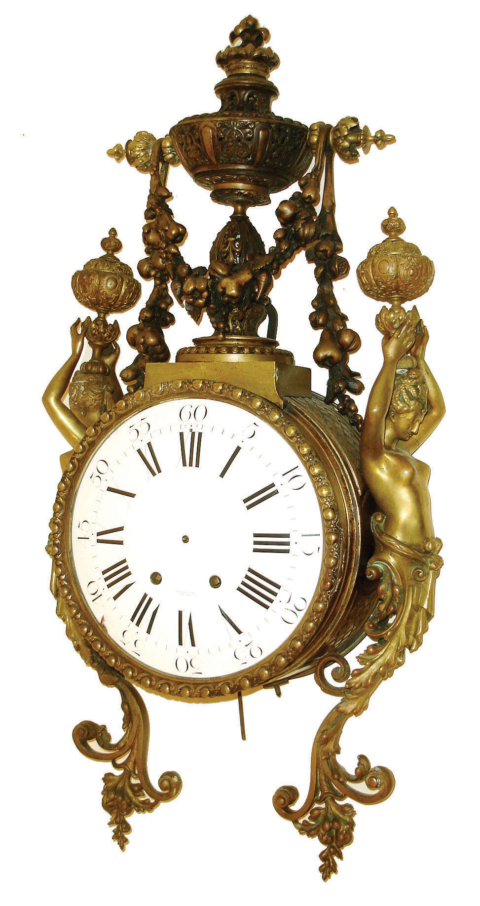 France, for Tiffany &amp; Co., New York, large bronze wall clock, incomplete, round case with ornate cast bezel, the top with pierced urn festooned with a garland of fruit, the case sides with caryatids, Roman numeral white enamel dial signed "Tiffany &amp; Compy. New York", 8 days, time and strike, movement also signed Tiffany, c1890 — Antique Clocks Price Guide