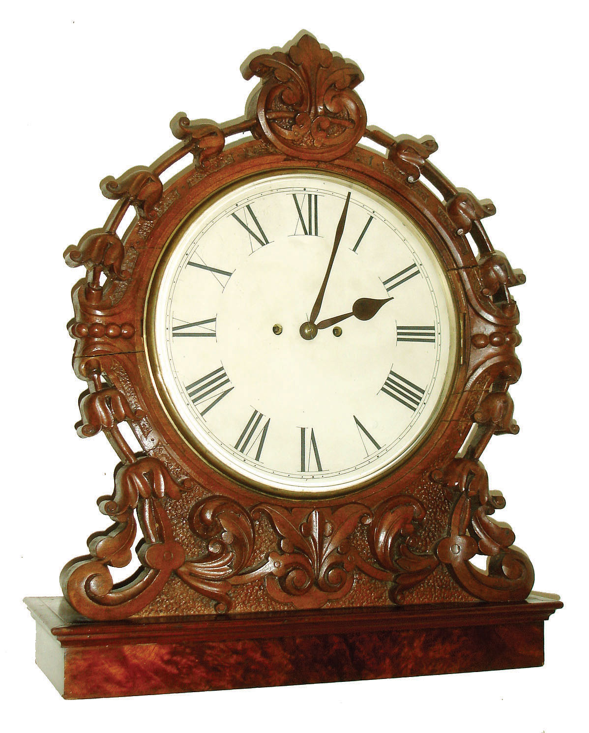 English, late Victorian carved mahogany case twin fusee gong strike wall clock, with later base to make it a mantel clock, c1890 — Antique Clocks Price Guide
