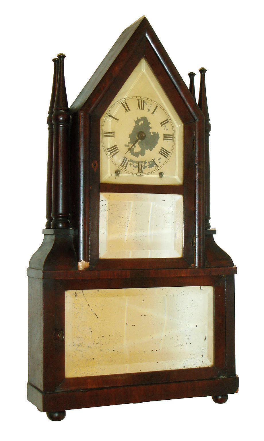 Birge &amp; Fuller, Bristol, Conn., 8 days, time and strike, steeple on frame with candle finials, c1845. — Antique Clocks Price Guide