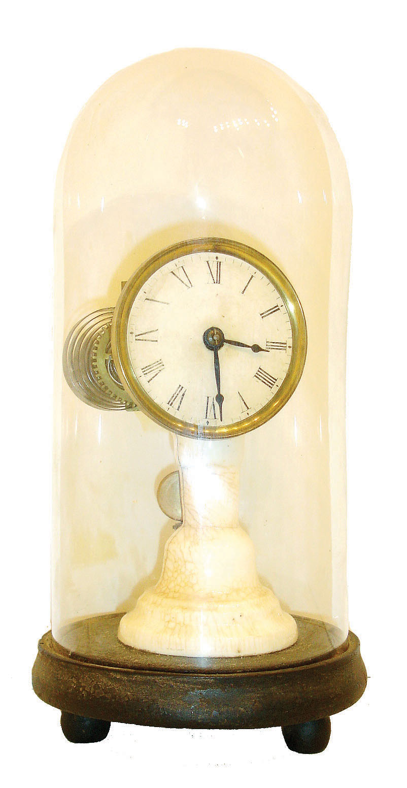 Union Labor Co. (Samuel N. Botsford), Southington, Conn., "Candlestick" clock, 30 hour time only, spring driven movement on a porcelain candlestick pedestal on an ebonized wooden base with dome and papered metal dial, c1860, — Antique Clocks Price Guide