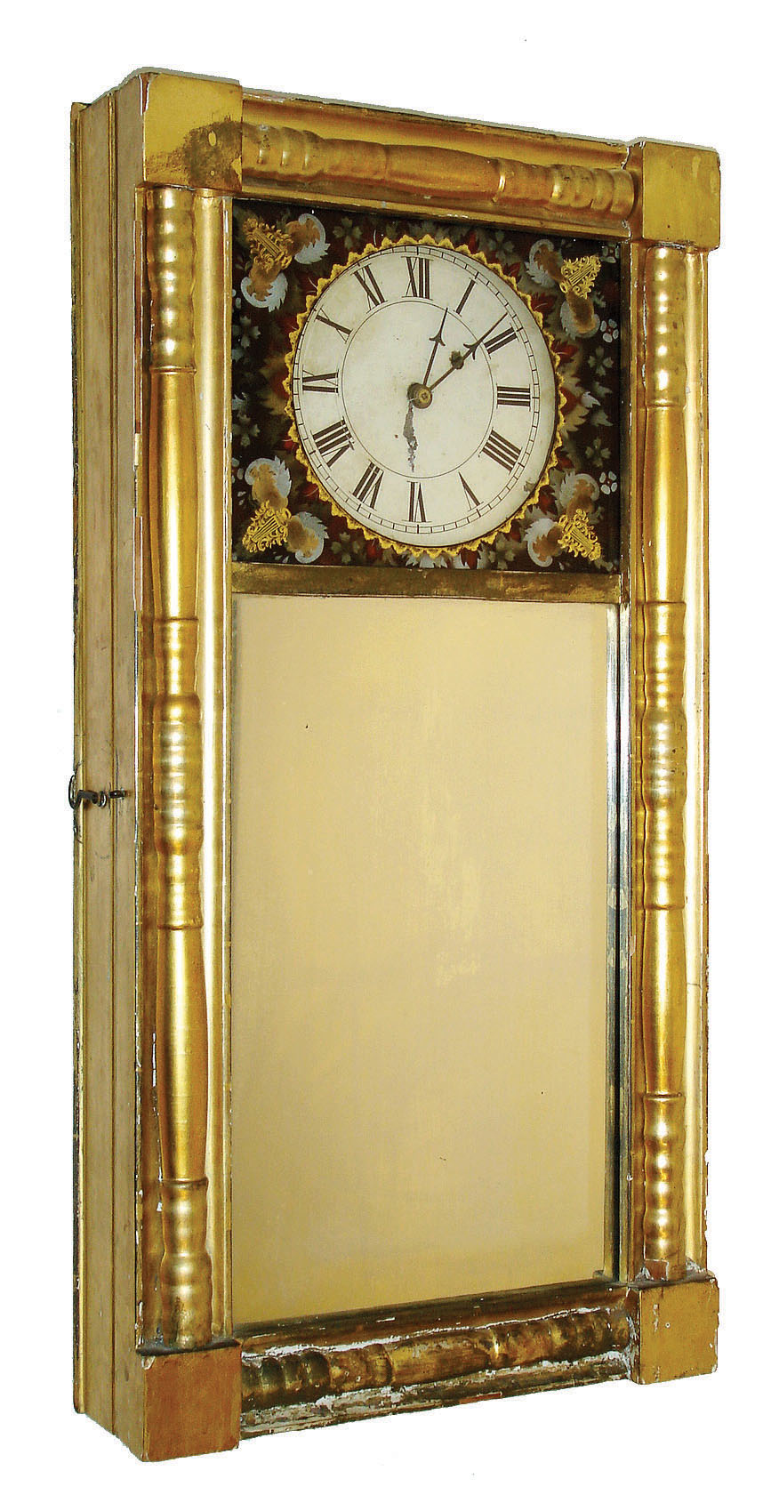 Unknown, 8 days, weight driven brass movement New Hampshire mirror timepiece, c1830 — Antique Clocks Price Guide