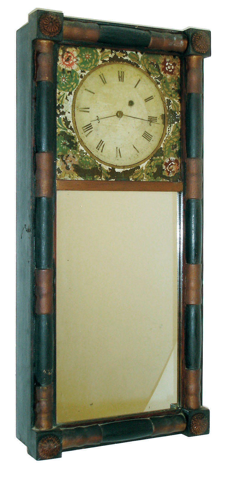 Attributed to Samuel Abbott, Boston, Mass.,8 days, weight driven brass movement New Hampshire style mirror timepiece, c1830 — Antique Clocks Price Guide