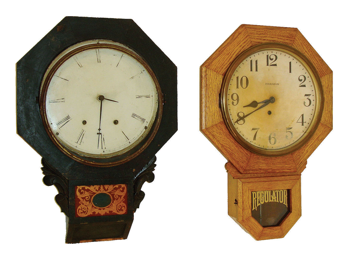 Clocks- 2 (Two) Conn., wall: (1) New Haven Clock Co., New Haven, 8 days, time and strike,, c1865; (2) E. Ingraham Co., Ingraham Clock Co., "Bristol" model, 8 days, time only, piece, c1934; — Antique Clocks Price Guide