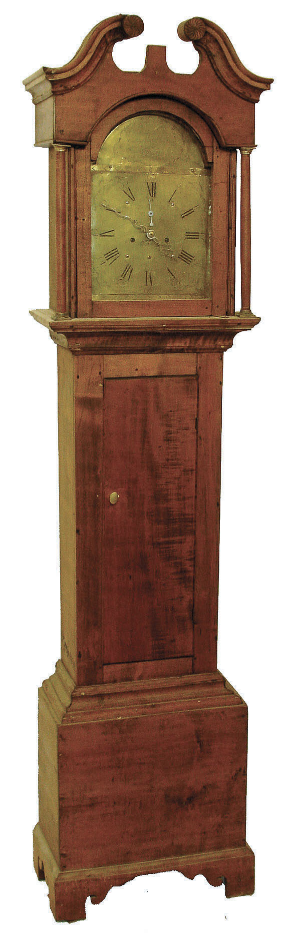 Levi &amp; Abel Hutchins, Concord, N.H., tall clock, 8 days, time and strike, weight driven movement in a birch case with broken arch pediment, bracket base and brass dial, date calendar with signature in arch, c1790 — Antique Clocks Price Guide