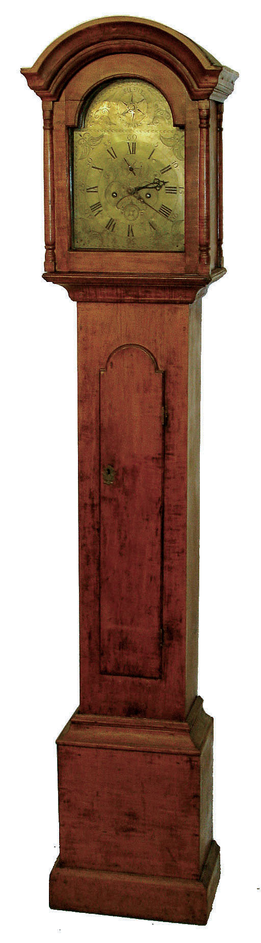 English tall clock, 8 days time and strike,, weight driven movement in a hard wood case with arched hood and applied columns and brass dial with date calendar, c.1780 — Antique Clocks Price Guide