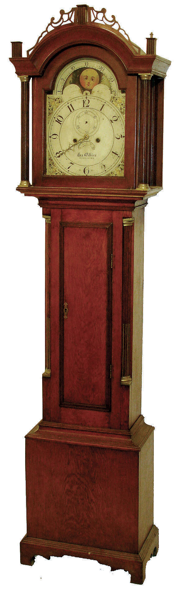 Asa Wilkins, Wiscasset, Maine, tall clock, 8 day time &amp; bell strike weight driven movement in a soft wood case with cherry highlights, fluted hood columns and bracket feet. Painted iron dial with date calendar and moon phases, c1810 — Antique Clocks Price Guide