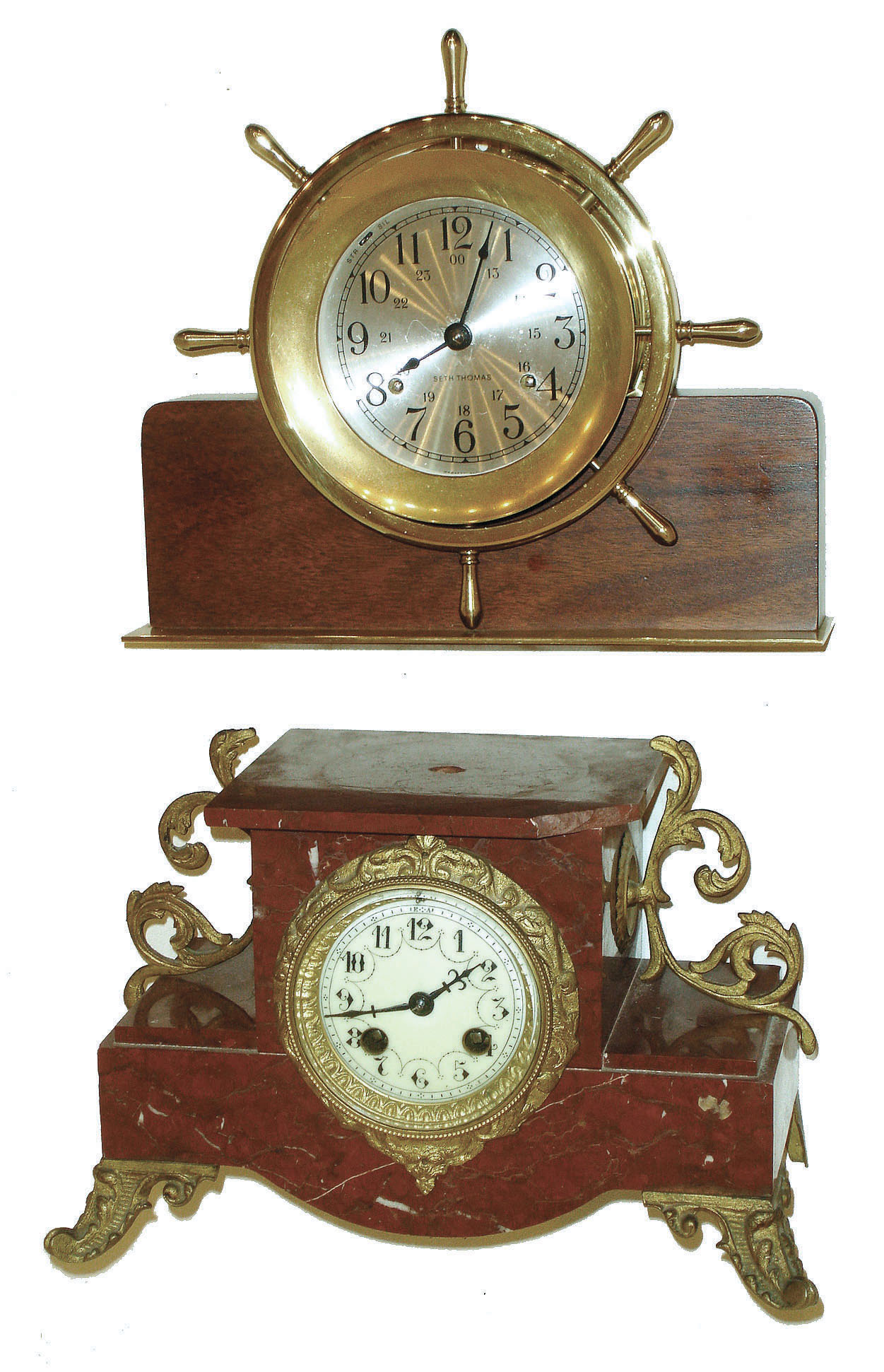 Clocks- 2 (Two): Seth Thomas 8 day brass yacht-wheel ship's bells clock on mahogany stand, 1976; French red marble 8 days, time and strike, mantel clock, c1900. — Antique Clocks Price Guide