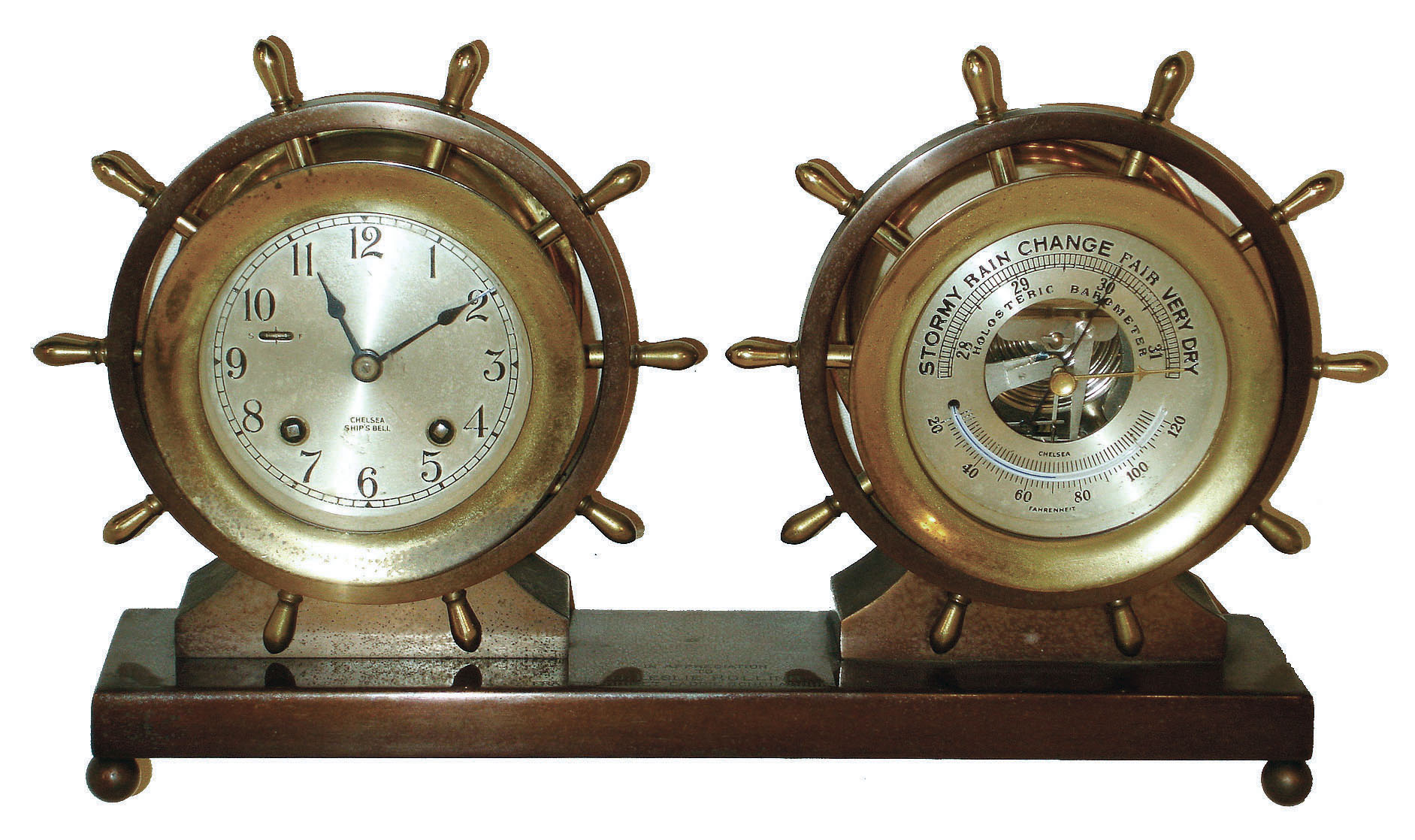 Chelsea Clock Co., Boston, Mass., "Claremont" 8 days,ship's bell clock and barometer yacht wheel set in a two-tone yellow brass and bronze finish, #627029, c1958 — Antique Clocks Price Guide