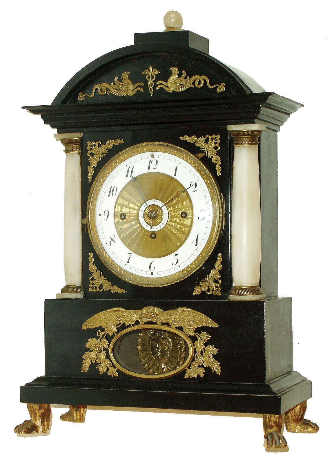 Austria, 3-train full grand sonnerie striking shelf clock with central calendar in ebonized veneer case with cast and chased ormolu trim &amp; alabaster columns,,  c,1835 — Antique Clocks Price Guide