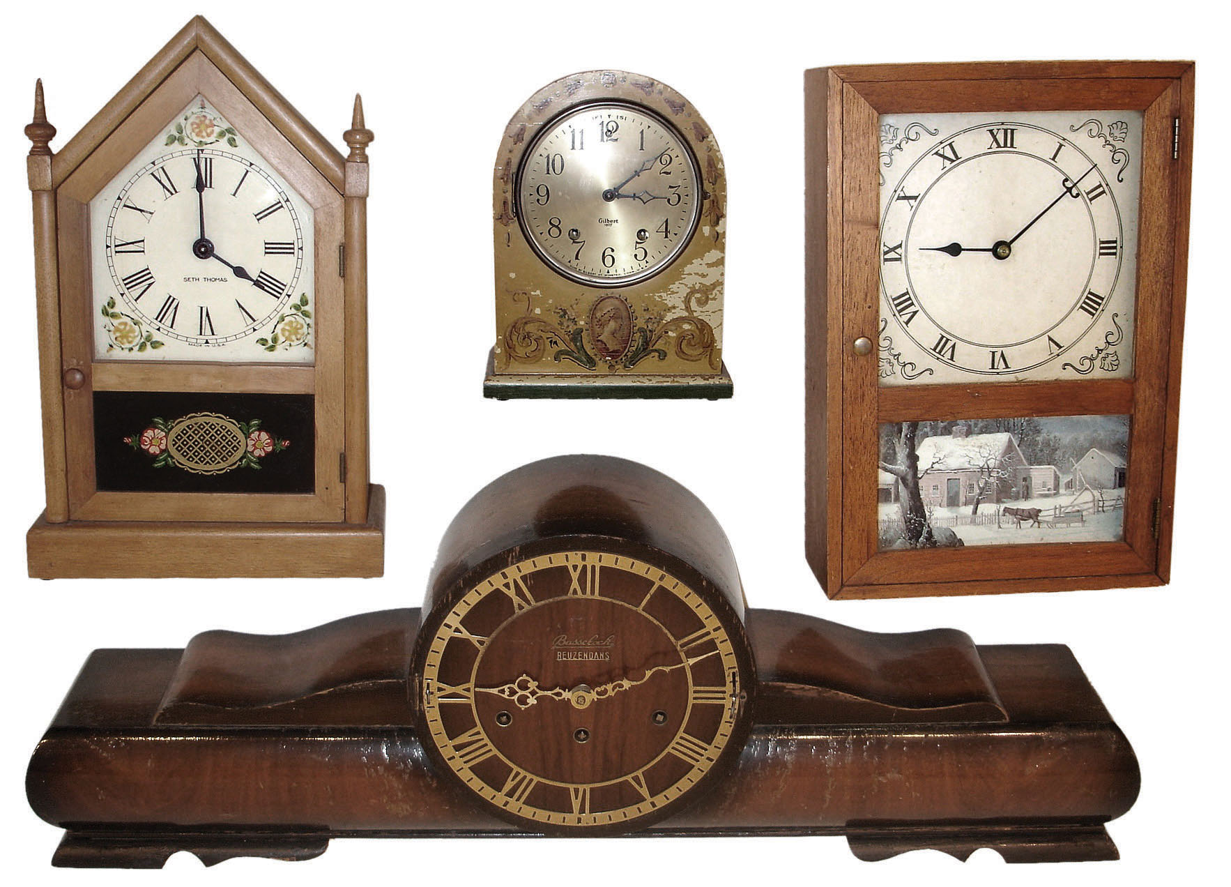 Clocks- 4 (Four) wood case: extra wide German 3-train tambour with "Babbclock"(?) chiming (not Westminster) movement, c1935; Seth Thomas "Sharon E" plug-in striking electric steeple clock, c1953; New Hampshire plug-in reproduction of 1816 Eli Terry box clock; Gilbert 8 days, time and strike, "Color Clock" in painted case, c1927 — Antique Clocks Price Guide