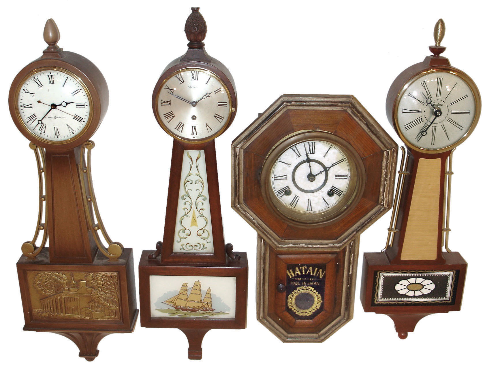Clocks- 4 (Four) wood wall clocks: "Hatan" Japanese time and strike 8 day school clock; Sessions banjo (converted to quartz); Herschede small time only, banjo; General Electric "Mount Vernon" plug-in banjo; 20th century — Antique Clocks Price Guide
