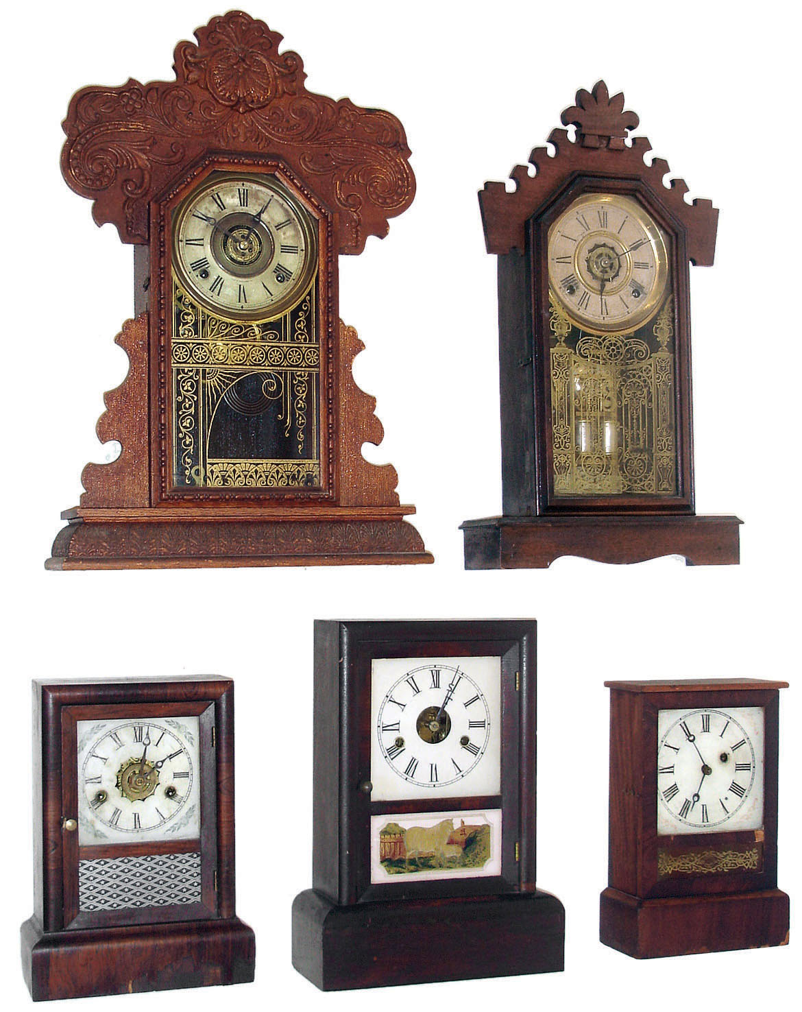 Clocks- 5 (Five): (1) Ansonia Brass &amp; Copper Co., Ansonia, Conn., 30-hour, time, strike &amp; alarm cottage clock, c1875. (2) Ansonia Clock Co., New York, "Atlas" 8 days, time, strike &amp; alarm mantel clock, c1883. (3) Seth Thomas, Thomaston 30 hours, time and strike, &amp; alarm cottage clock, c1875. (4) E. Ingraham &amp; Co., "Aurora" 8 days, time and strike, from the "Star Line" series, c1915 (5) Ansonia Clock Co., 30 hours, time only, "Cottage" model, c1880. — Antique Clocks Price Guide