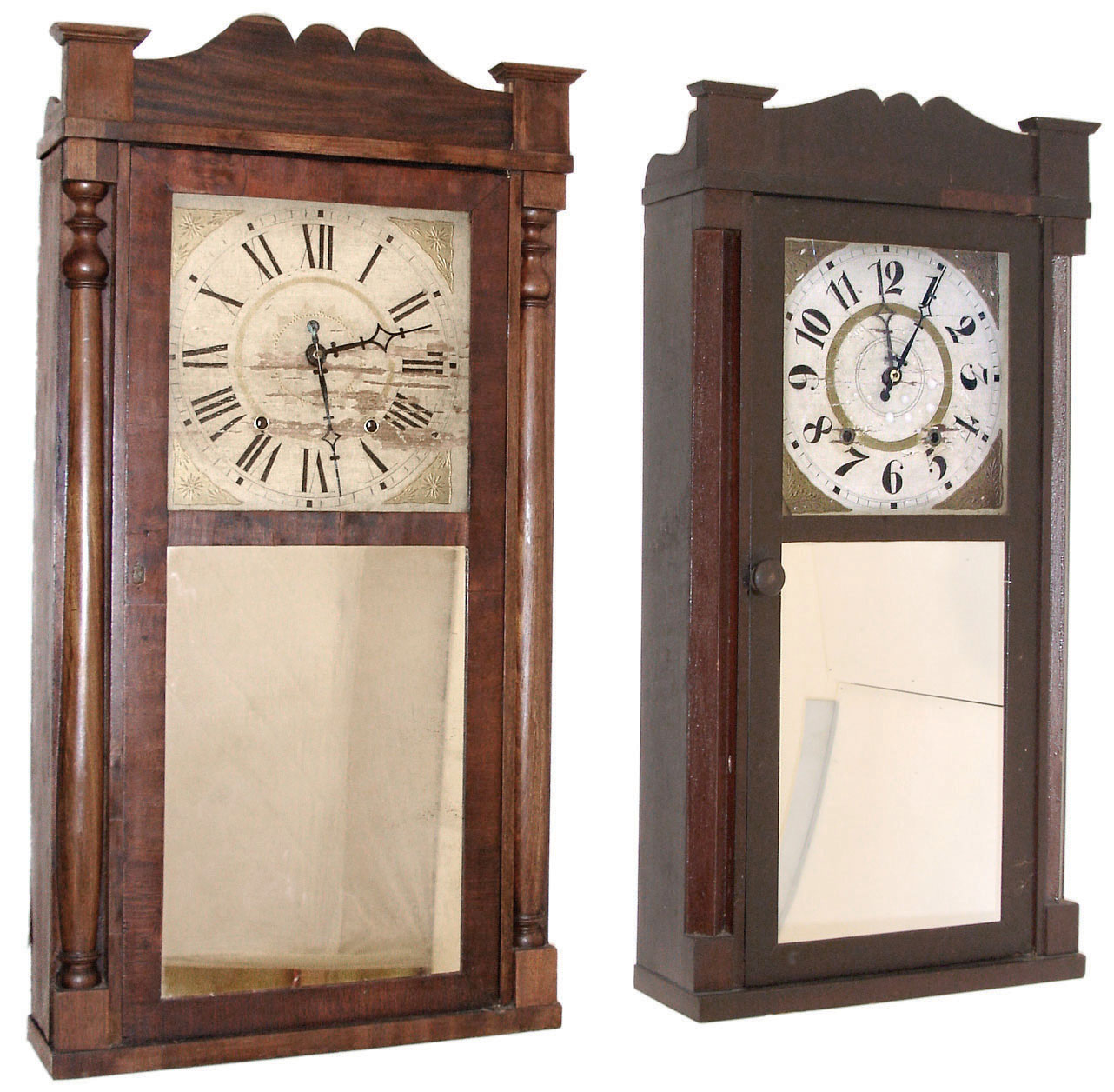 Clocks- 4 (Four) 30 hours, wood movement: (1) Elisha Hotchkiss, Burlington, Conn., time and strike, half column &amp; splat, c1835. (2) Jason R. Rawson, Saxons River, VT, time and strike, half column &amp; splat, c1840. (3) Edward M. Barnes, Chimney Point, VT, time and strike, "groaner movement" in stenciled half column &amp; splat case, c1835. (4) Daniel Pratt, Jr., Reading, MA, time and strike, half column &amp; splat, c1840. — Antique Clocks Price Guide