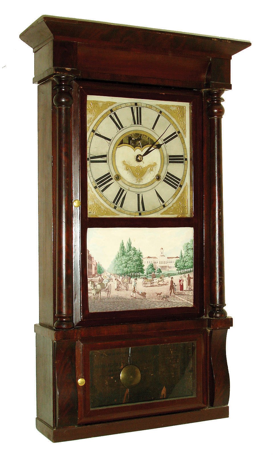 Birge, Mallory &amp; Co., Bristol, Conn., 8 days, time and strike, weight driven strap brass brass movement column &amp; cornice shelf clock, c1840 — Antique Clocks Price Guide
