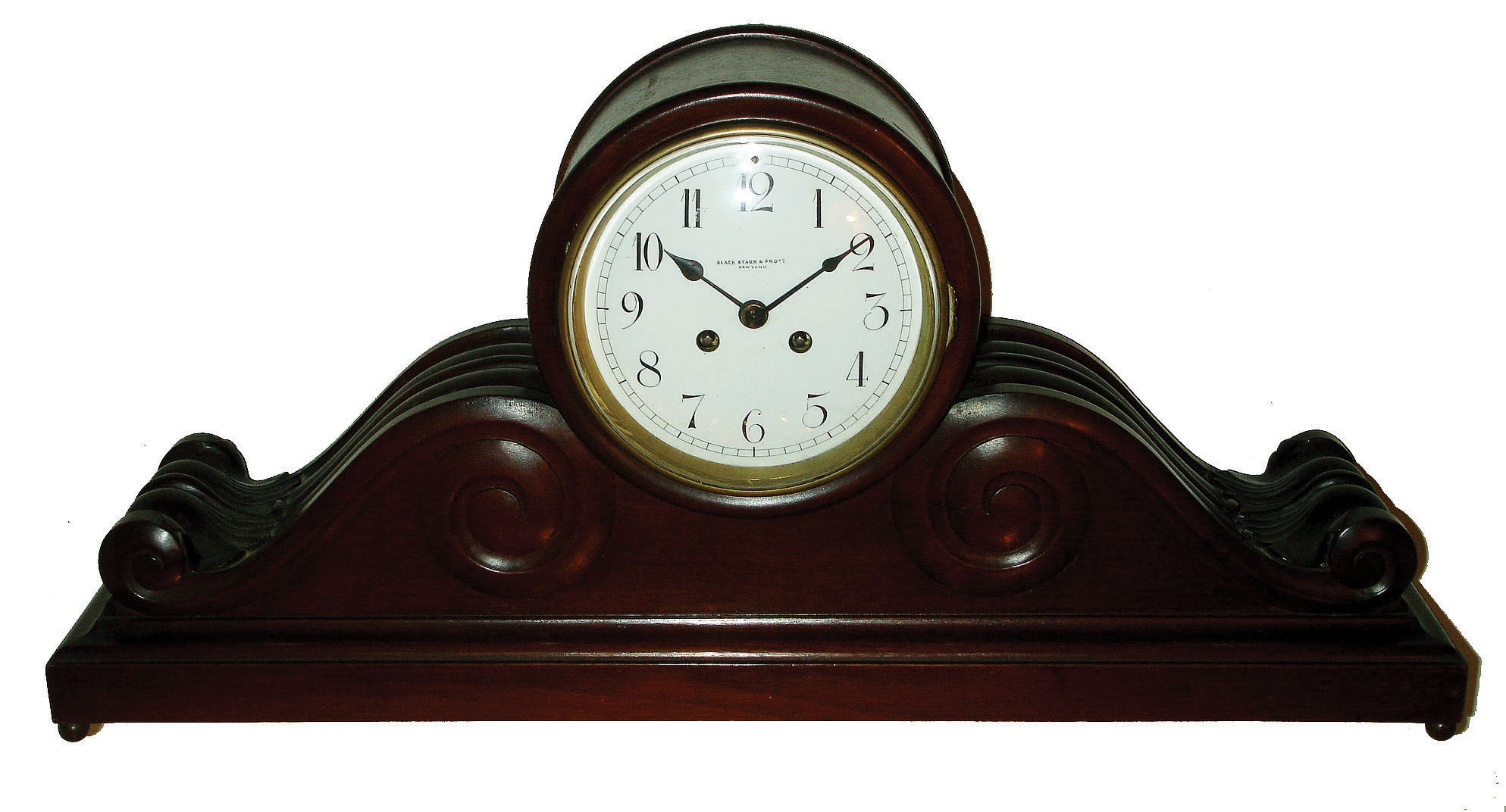 French 8 days, time and strike, mahogany tambour mantel clock, sold by Black, Starr &amp; Frost, New York, with Vincenti and H&amp;H movement, c1890 — Antique Clocks Price Guide