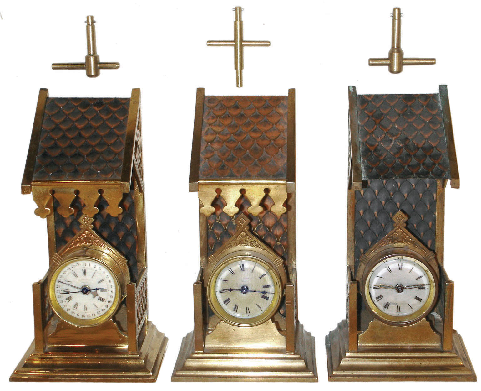 Clocks- 3 (Three): Parker Clock Co,, Meriden, Conn., 30 hours, novelties, one with calendar, rear wind and set, c1895 — Antique Clocks Price Guide