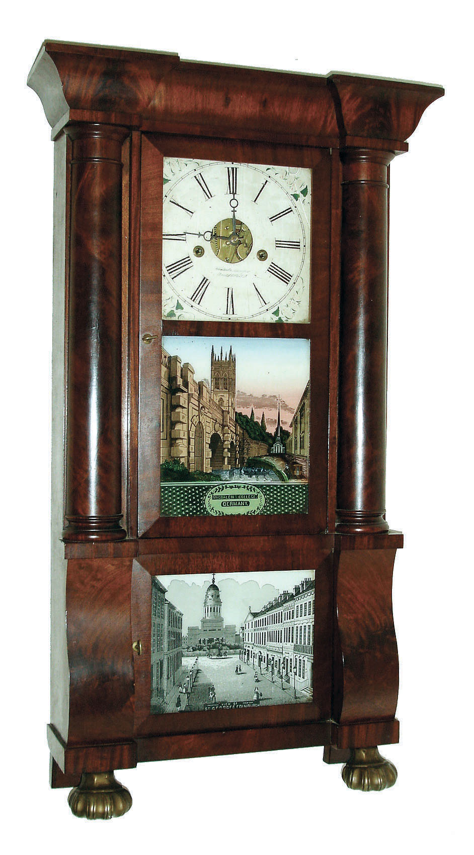 Forestville Manufacturing Co., (J.C. Brown), Bristol, Conn., 8 days, time and strike weight brass movement column &amp; cornice shelf clock, c1850 — Antique Clocks Price Guide