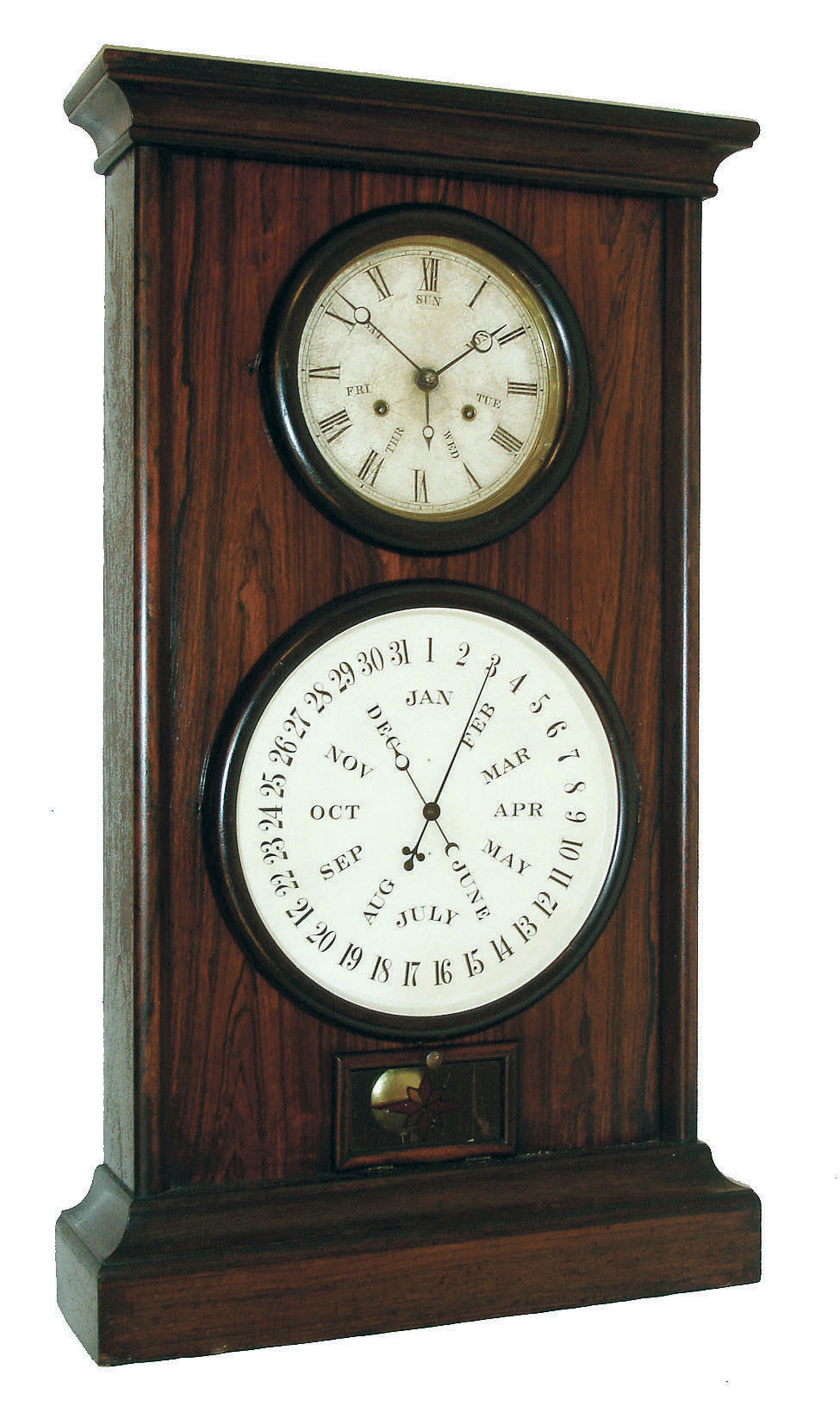 L. F. &amp; W. W. Carter, Bristol, Conn., "Lewis Calendar No. 8" 8 day weight driven timepiece with B. B. Lewis patent calendar movement in a rosewood case,  The sold plate timepiece movement has steel rolling pinions and retaining power, c1867. — Antique Clocks Price Guide