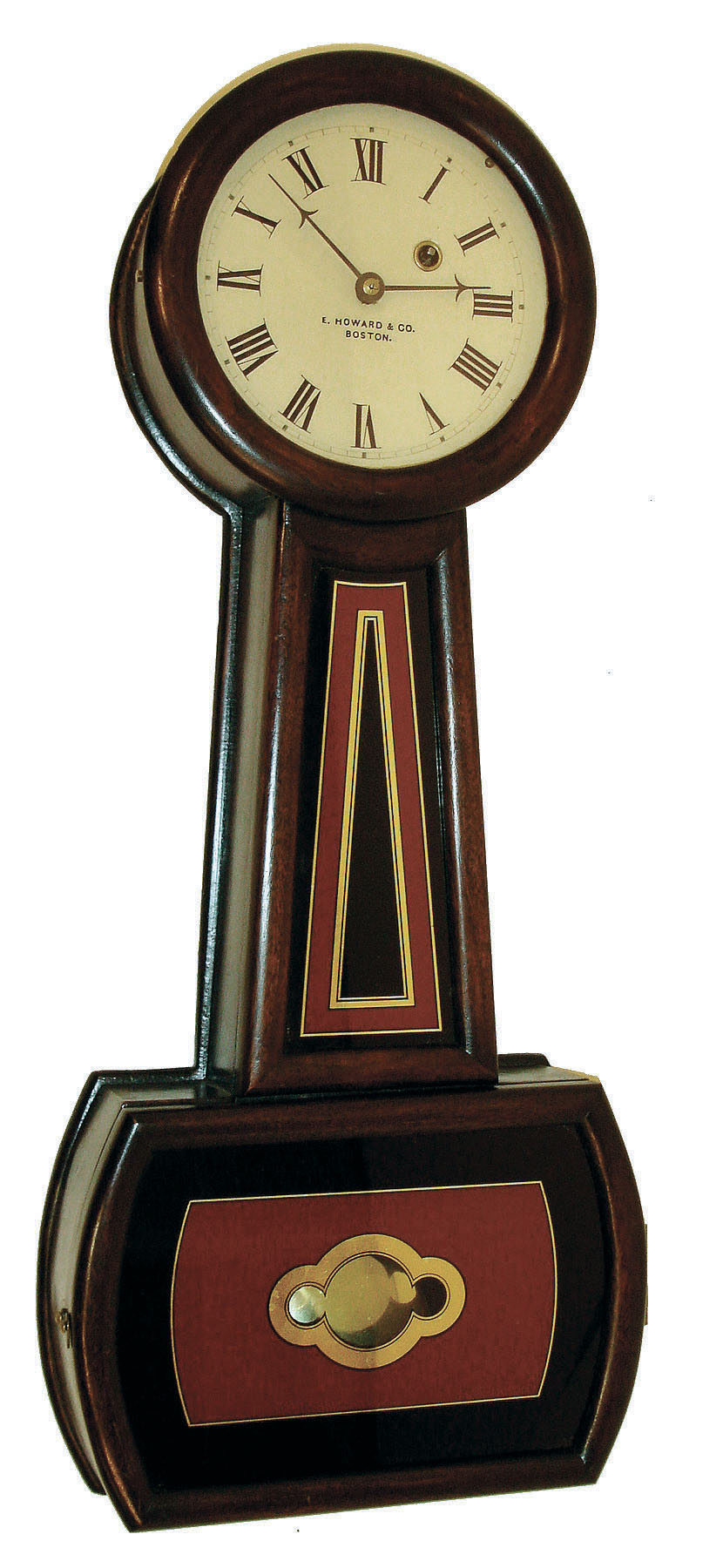 E. Howard &amp; Co., Boston, Mass., "No. 5 Regulator", banjo wall clock, 8 days, time only, weight driven movement in a rosewood grained cherry case with a painted metal dial and reverse painted tablets, c1880 — Antique Clocks Price Guide
