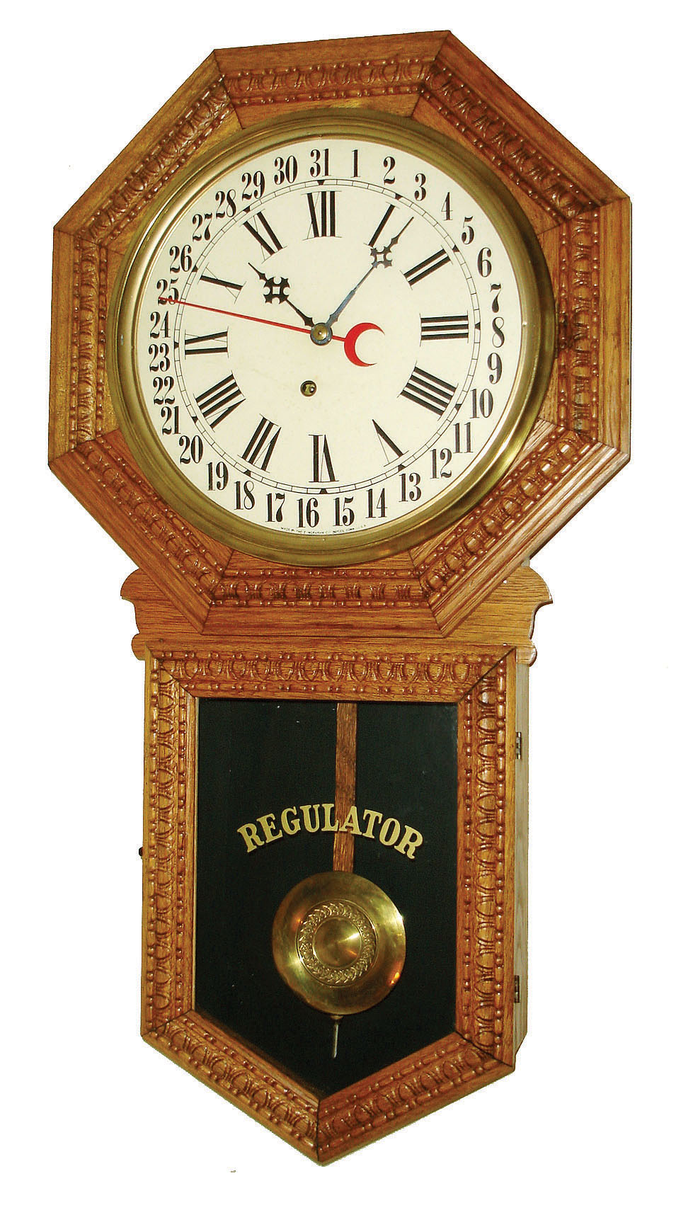 The E. Ingraham Co., Bristol, Conn., "Hartford" model 8 day time &amp; calendar spring driven wall clock in pressed oak case, movement dated Apr., 1906. — Antique Clocks Price Guide