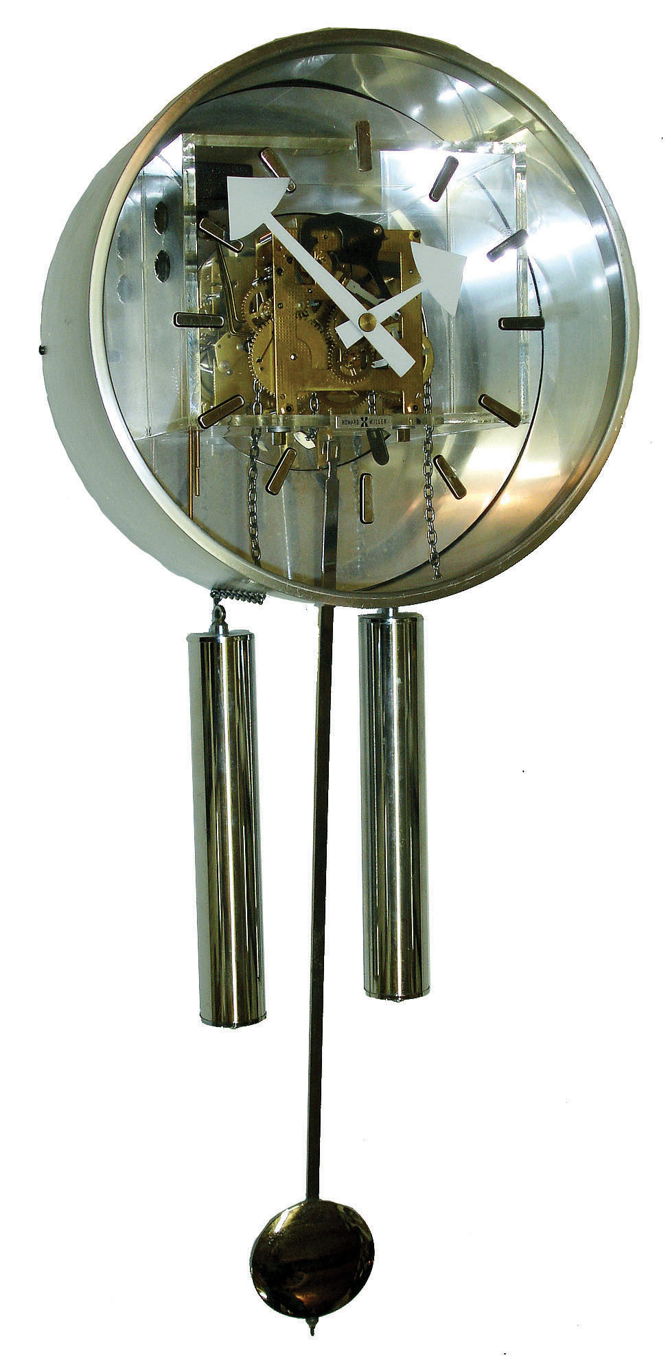 Clocks- 2 (Two): Howard Miller brushed aluminum Modernist round 8 days, time and strike, weight driven wall clock, Urgos German movement, c1980 and a Soviet Submarine ship's clock time only, 6" dial — Antique Clocks Price Guide