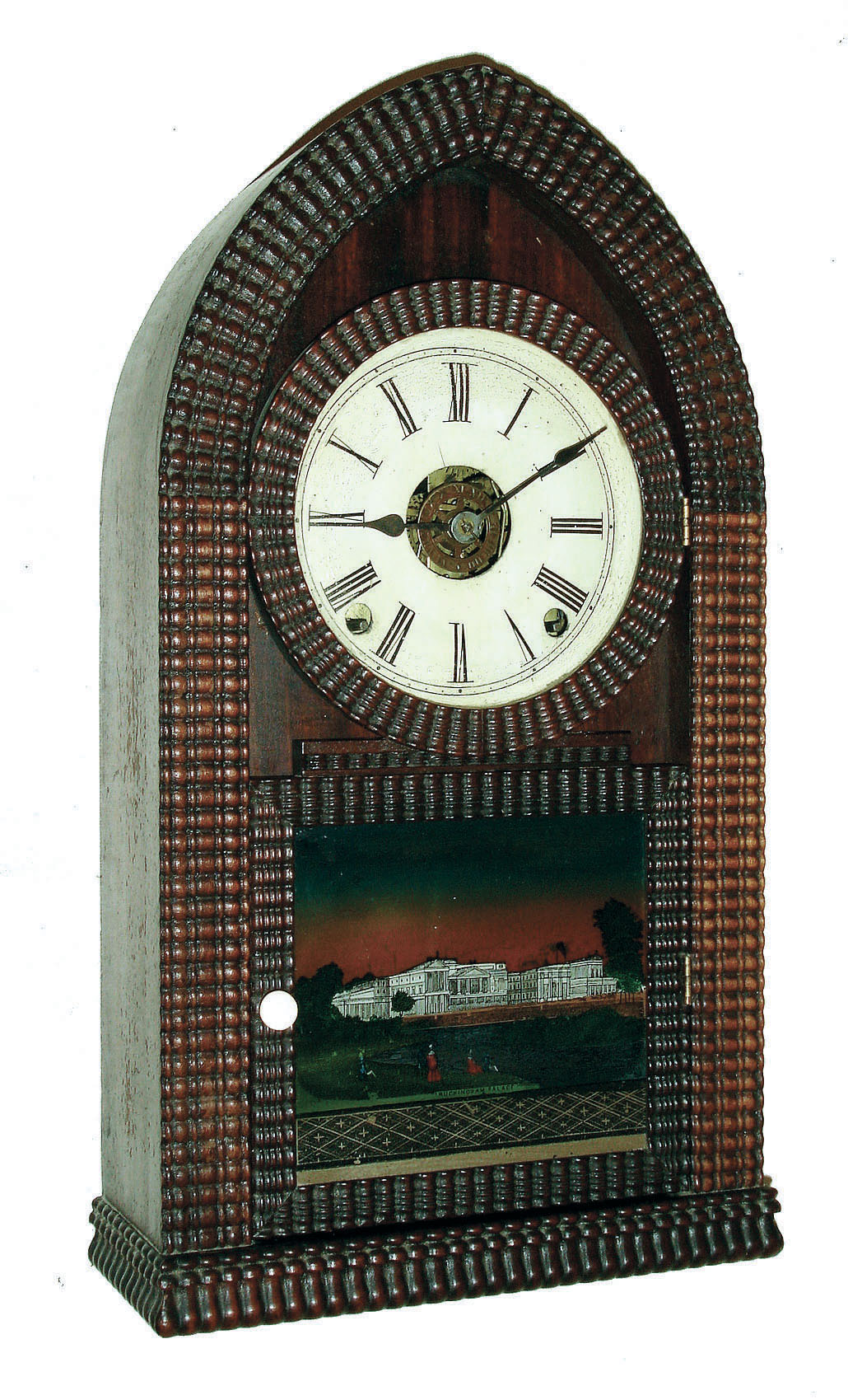 E.N. Welch, (Late J. C. Brown), Forestville, Conn., 8 days, time, strike &amp; alarm ripple molding round gothic or beehive shelf clock. [Welch sold off some of the Brown's old stock soon after taking over the factory], c1858 — Antique Clocks Price Guide