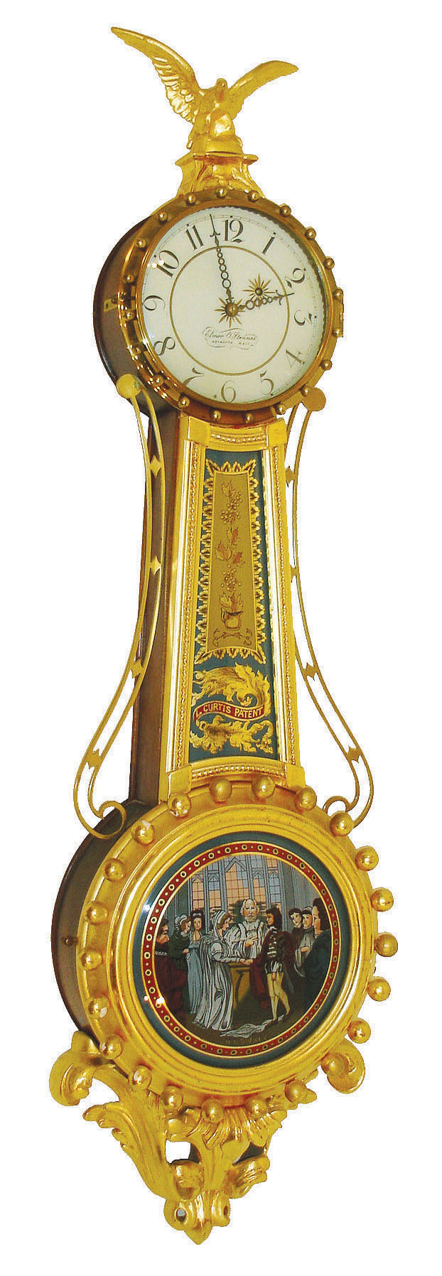 Elmer O. Stennes, East Weymouth, Mass., "Girandole" wall clock, 8 day time only, weight driven movement in gold leafed mahogany case with painted metal dial and convex reverse painted throat and lower tablets, dated 1963, serial #34 — Antique Clocks Price Guide
