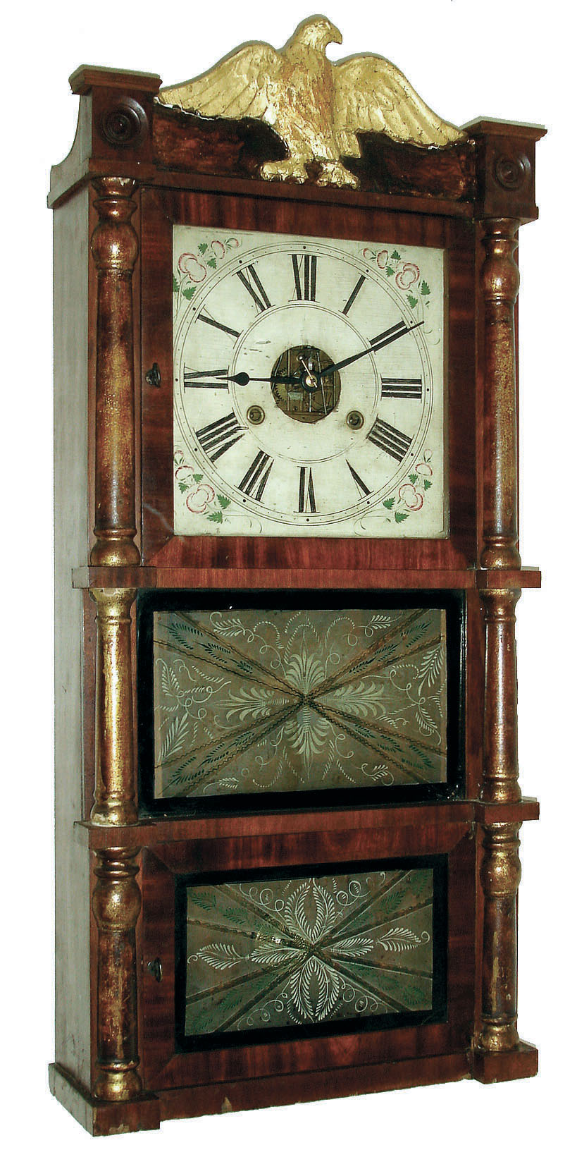Birge &amp; Fuller, Bristol, Conn., 8 days, time and strike, weight strap brass movement triple decker shelf clock with faux tortoise shell and gilt columns and gilt eagle splat, c1845 — Antique Clocks Price Guide