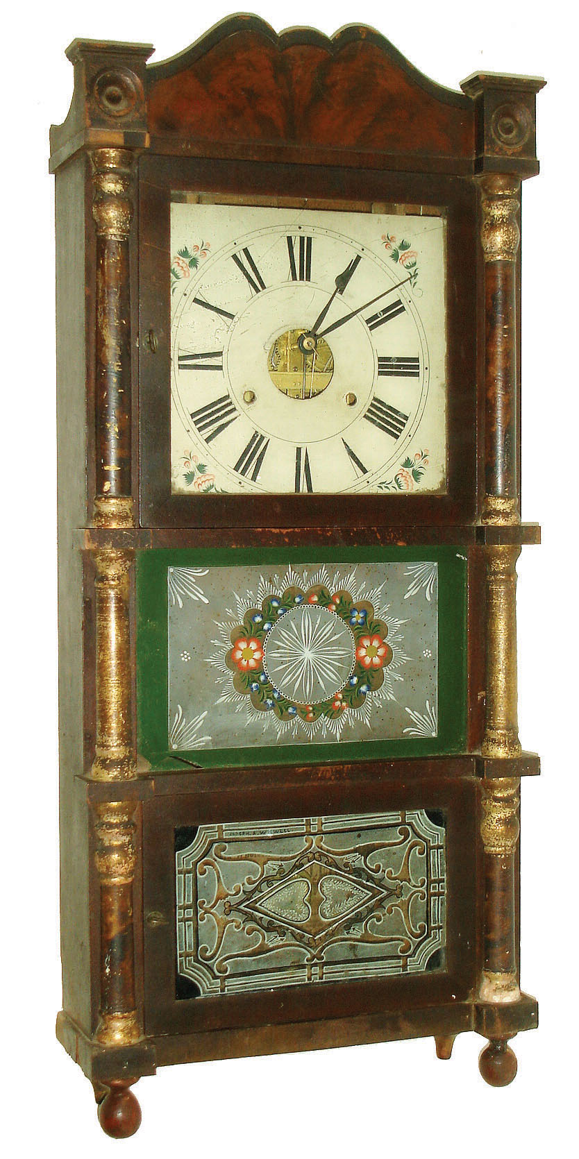 Birge &amp; Fuller, Bristol, Conn., 8 days, time and strike, weight strap brass movement triple decker shelf clock with faux tortoise shell columns and mahogany veneered splat, c1845 — Antique Clocks Price Guide