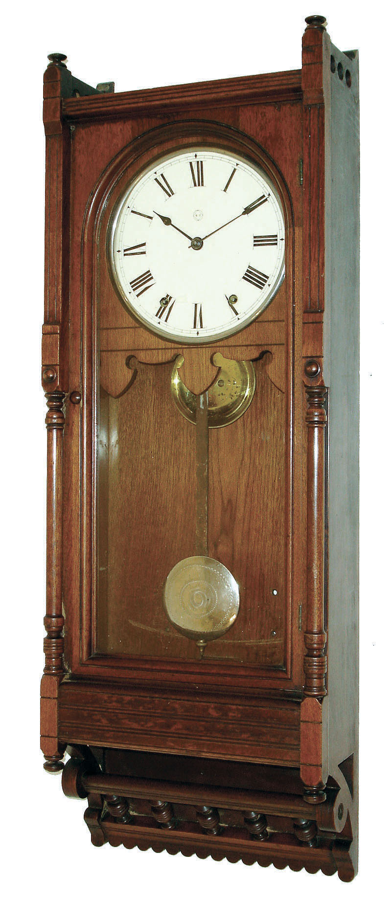 Seth Thomas Clock Co., Thomaston, Conn., "Queen Anne" 8 days, time &amp; hour strike (on large bell) wall clock in walnut case, c1883. — Antique Clocks Price Guide