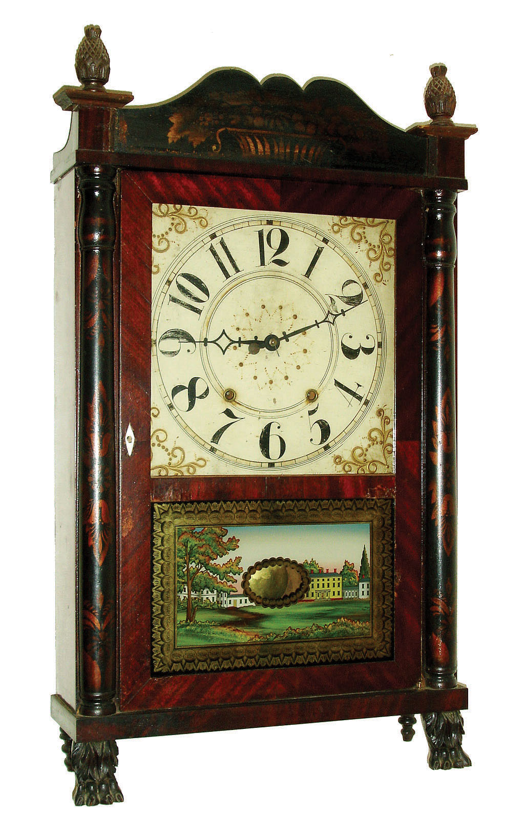 Ephraim Downs, Bristol, Conn., 30-hour, time and strike, weight driven wood movement stenciled half column &amp; splat shelf clock with carved paw feet and pineapple finials.  c1830 — Antique Clocks Price Guide