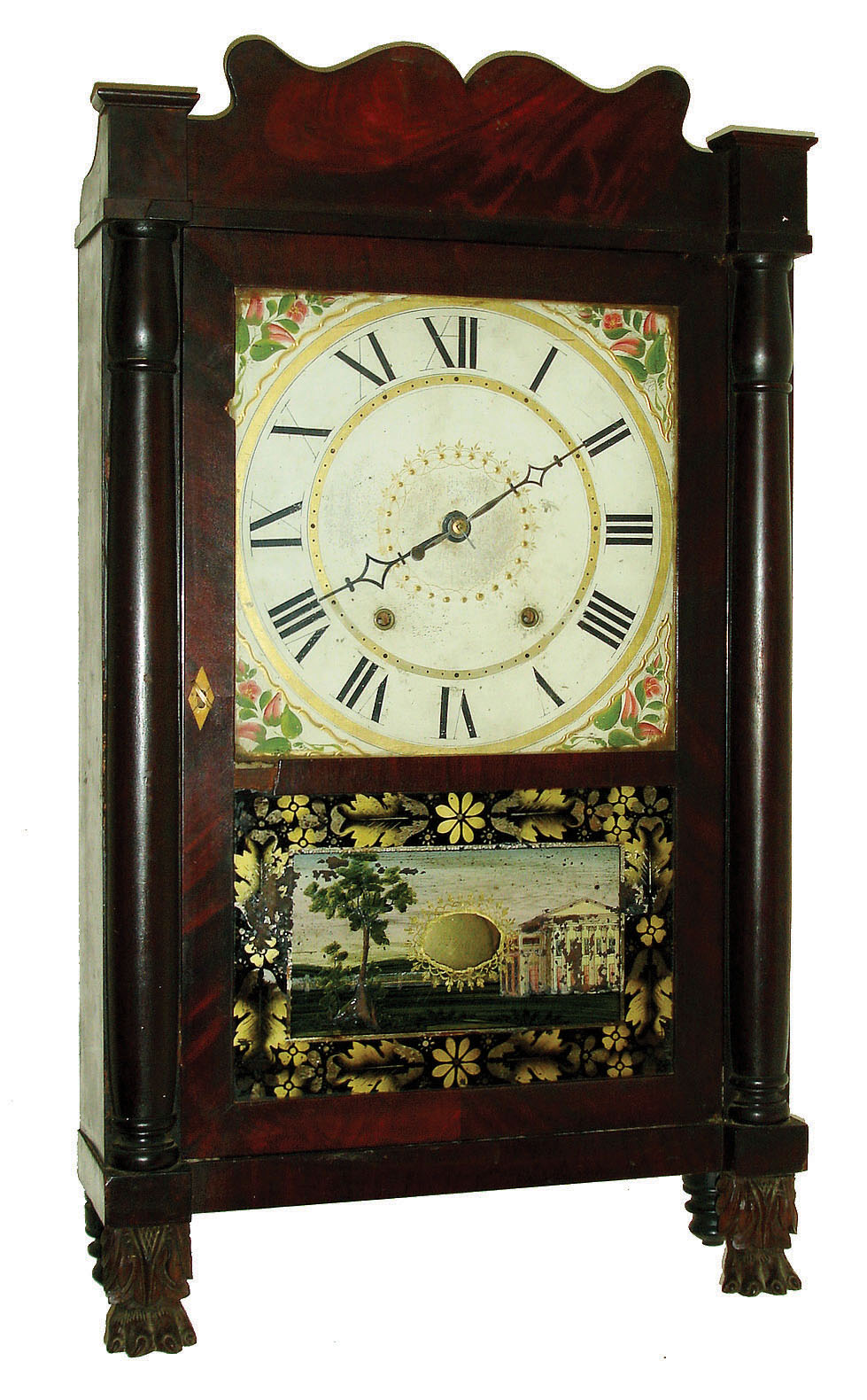 Seth Thomas Clock Co., Plymouth Hollow, Conn., 30-hour, time and strike, weight driven wood movement stenciled half column &amp; splat shelf clock with carved paw feet, c1830 — Antique Clocks Price Guide