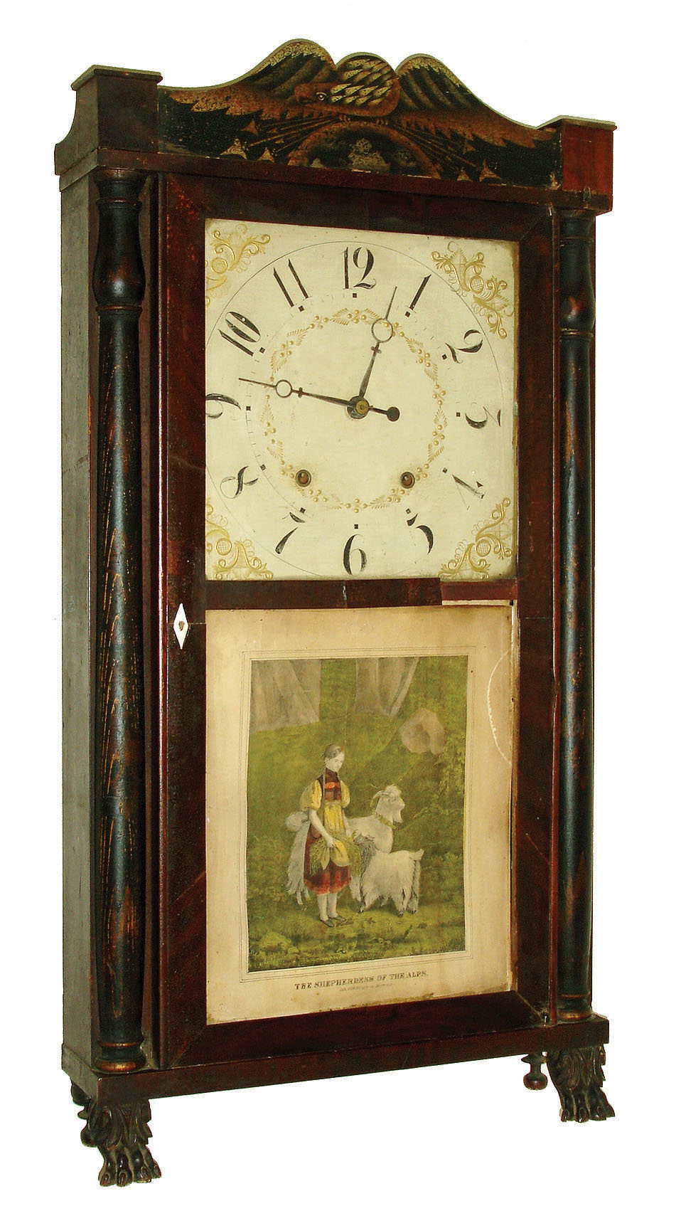 E. Terry &amp; Sons, Plymouth, Conn., 30 hours, time and strike weight wood movement stencil column &amp; eagle splat shelf clock. — Antique Clocks Price Guide