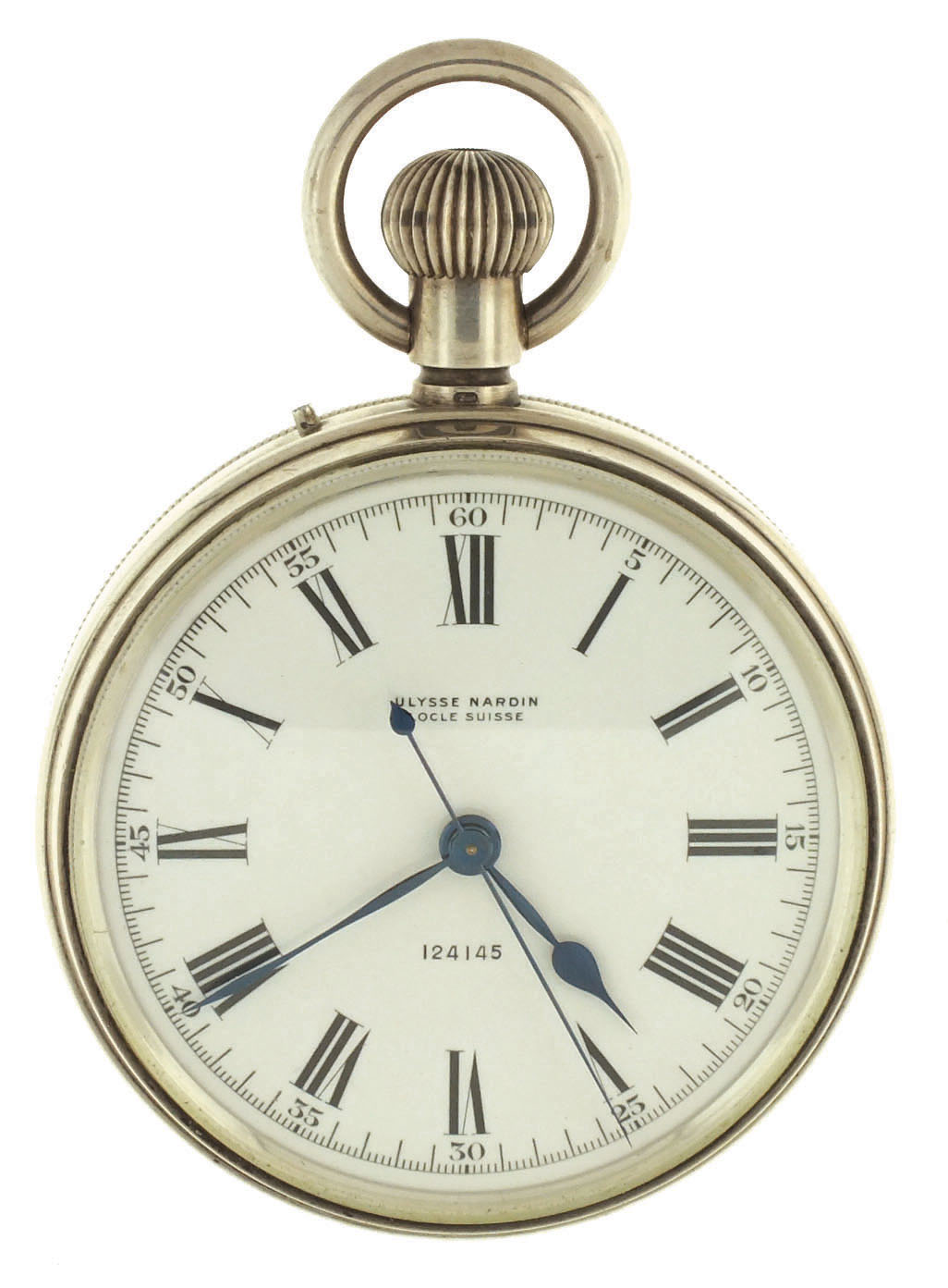 Ulysse Nardin, Le Locle &amp; Geneva, Switzerland, deck watch with sweep seconds, 19 jewels, stem wind and pin set, gilt plate movement with lever escapement, Guillaume balance, micrometric regulator in a sterling silver, screw back and snap bezel, open face case and Roman numeral, outer black 5-minute markers, white enamel dial, blued steel spade and poker hands, serial #124145, 56mm, c1910. — Antique Clocks Price Guide