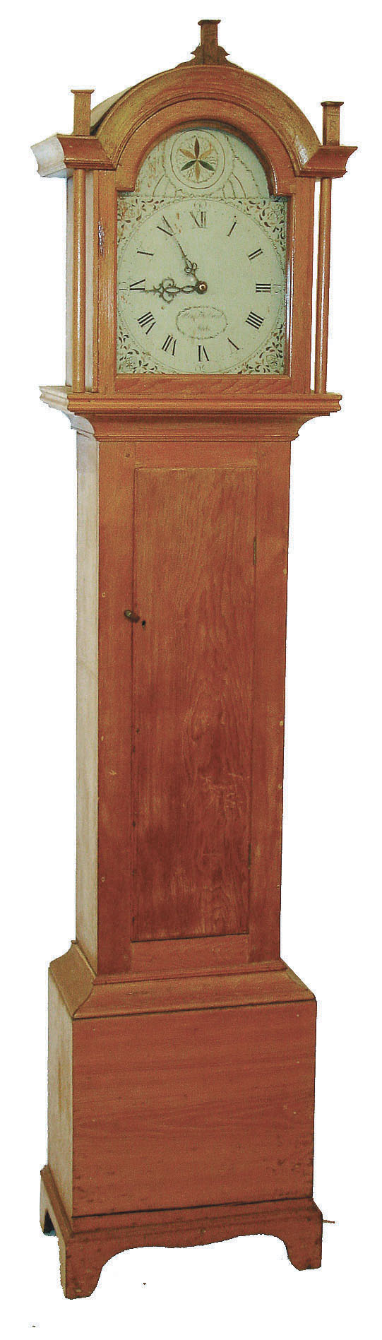 Alexander T. Willard, Ashby, Mass., tall clock, 30 hours, time and strike, weight driven, wooden works movement in a pine case with full columns and three chimneys on hood and painted wooden dial, c1810 — Antique Clocks Price Guide