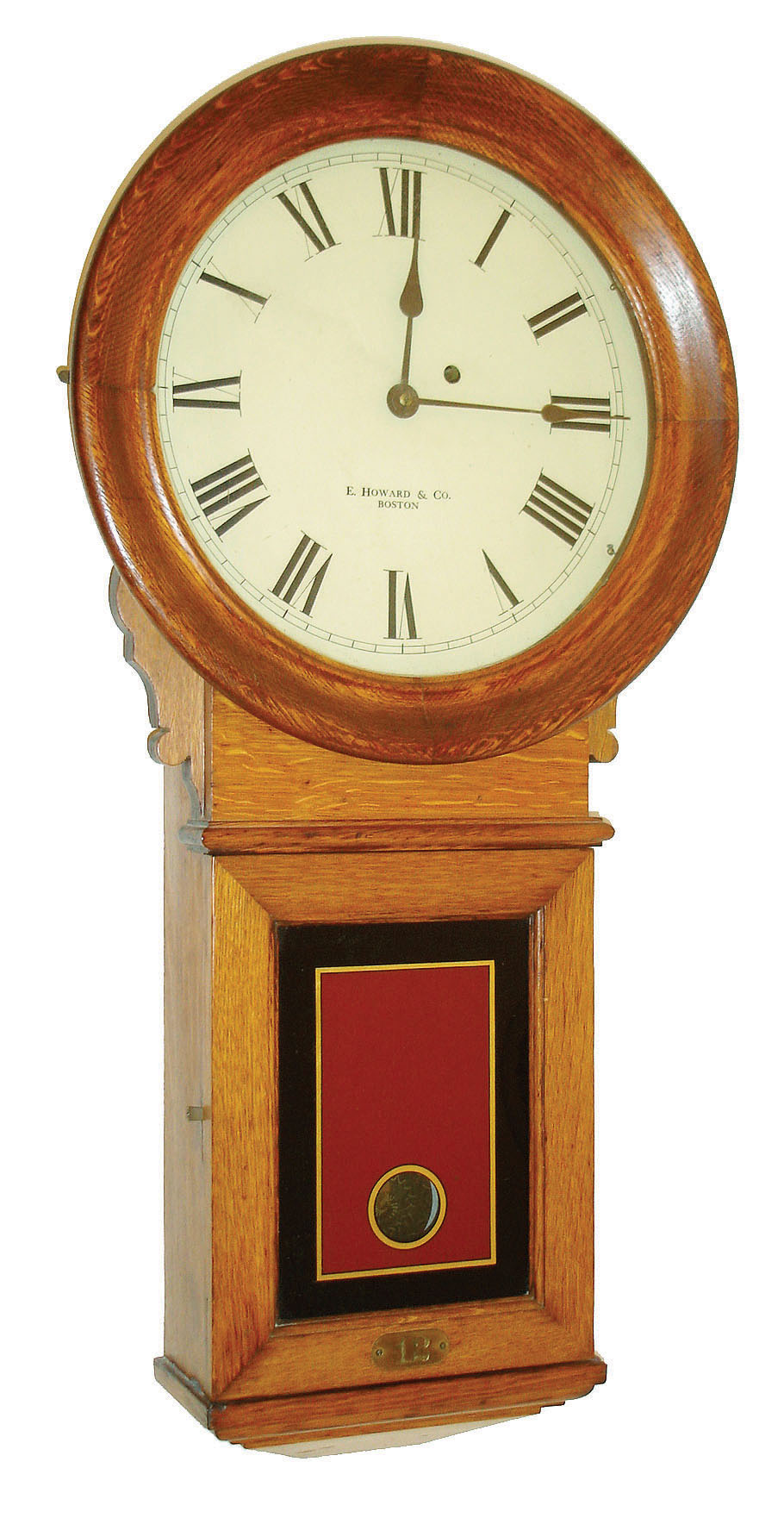 E. Howard &amp; Co., Boston, Mass., "No. 70 Regulator" 8 days, weight brass movement oak wall regulator, c1900 — Antique Clocks Price Guide
