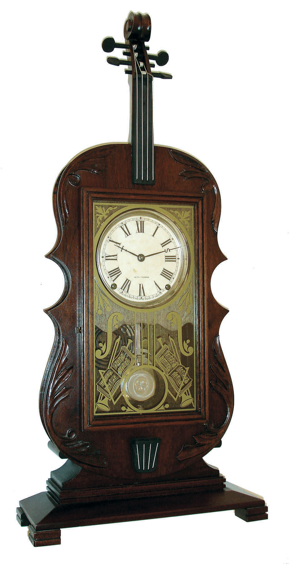 Reproduction Seth Thomas Violin Clock with 8 day spring driven lyre time and strike, movement in a nicely crafted late 20th century walnut case. The movement, damascened pendulum bob and cathedral gong are original 1880's Seth Thomas parts. — Antique Clocks Price Guide