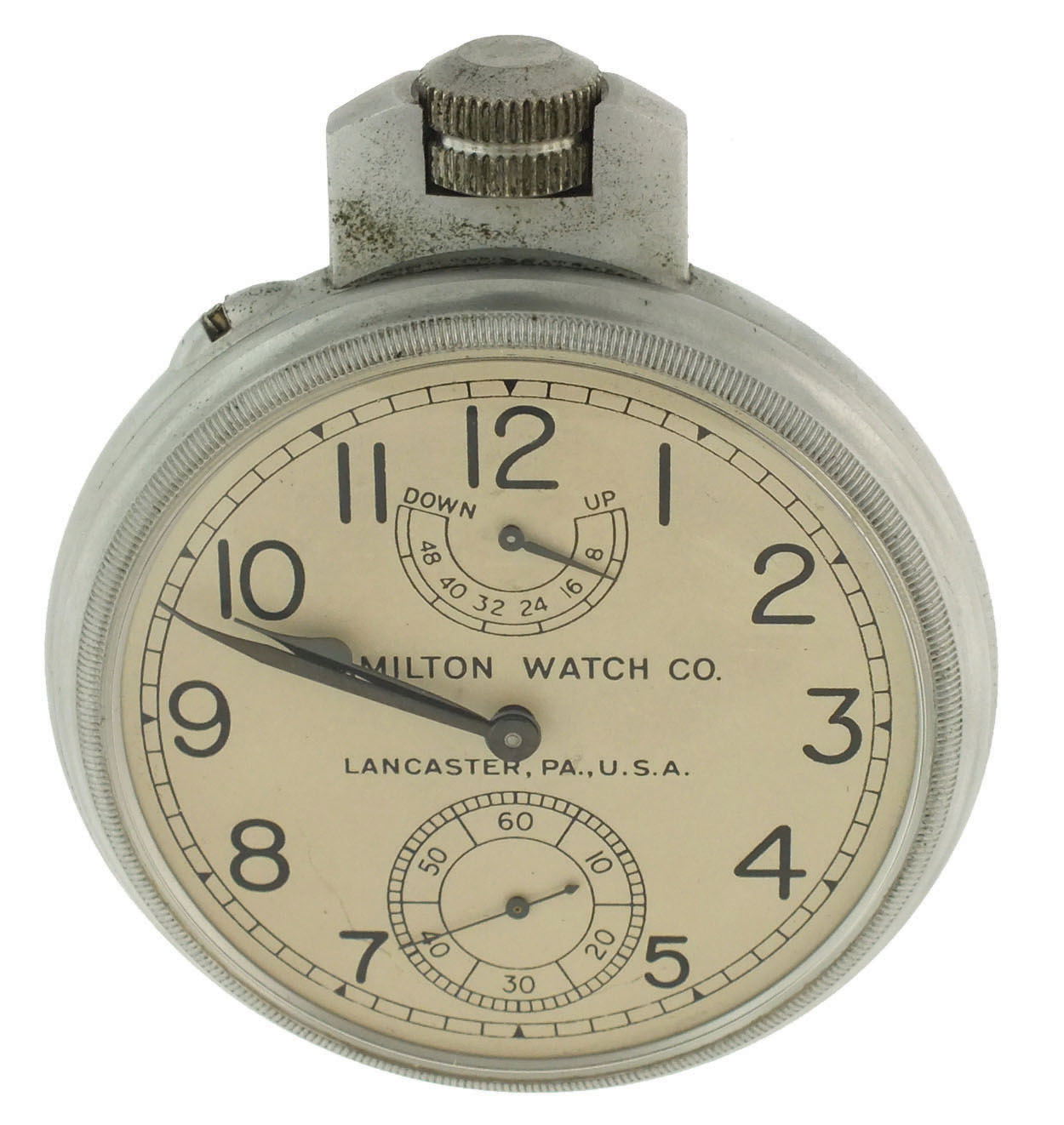 Hamilton Watch Co., Lancaster, Penn., model 22 chronometer with wind indicator, 35 size, 21 jewels, stem wind, pin/stem set, adjusted to 6 positions and temperature, straight line damascened nickel plate movement, with lever escapement and micrometric regulator, Arabic numeral metal dial and black steel, spade and poker hands, contained in an screw back and bezel, open face base metal case with ordnance department information engraved on back, and with inner and outer protective boxes, the inner with glazed aperture for viewing the timepiece, outer box with name plate on front, serial #1792, c1940, with associated performance certificate, service bulletin, and "Hamilton Marine Chronometer Log Book". — Antique Clocks Price Guide