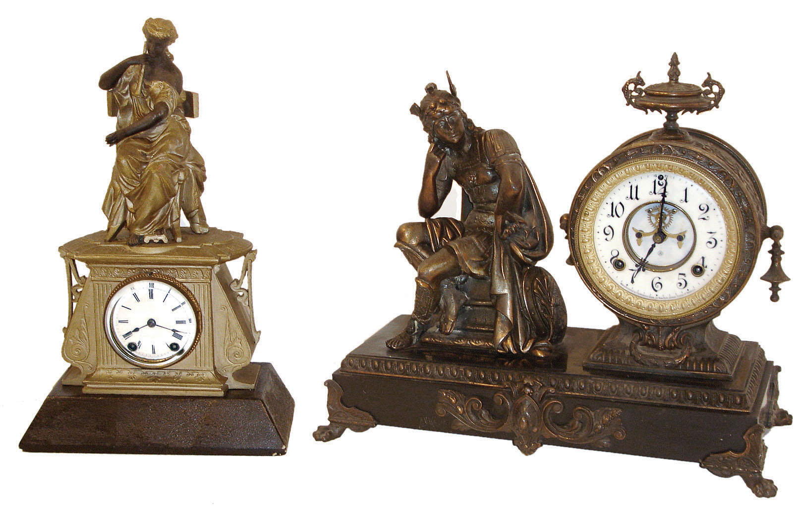 Clocks- 2 (Two).  Seth Thomas &amp; Sons, #8026 figural mantel clock, cast case with seated female figure, Roman numeral white enamel dial, two week going time and strike movement, , c1880, Ansonia "Mercury", seated figure of Mercury to left of clock case, Arabic numeral white enamel dial with open escapement, 8 days, time and strike, movement, mounted to a japanned iron base with gilt paw feet, c1895 — Antique Clocks Price Guide