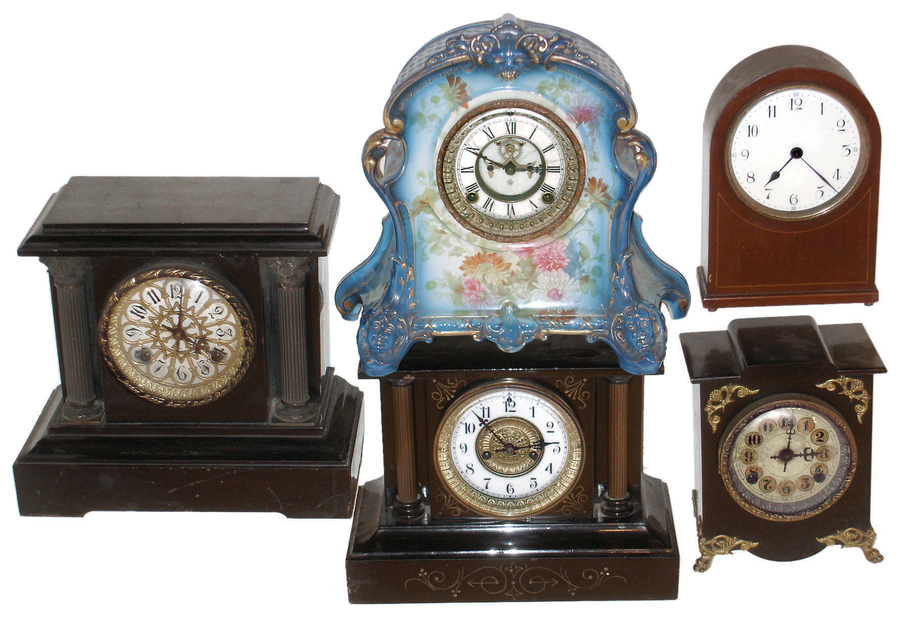 Clocks- 5 (Five) 8 day mantel clocks: three American time and strike, including Ansonia Clock Co. "La Plata", c1910, three enameled iron clocks, a Waterbury Clock Co, c1900, and a New Haven c1900, and one which appears to have a French movement and a French time-only mahogany round top case with cylinder escapement, c1910 — Antique Clocks Price Guide