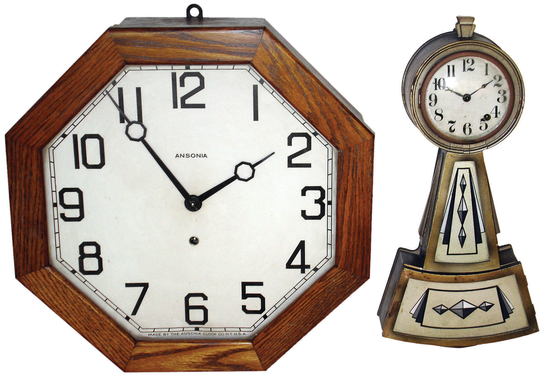 Clocks- 4 (Four) Connecticut 8 day wall clocks: N. Pomeroy time and strike with turned columns; New Haven "Winham" Deco style small banjo; Ansonia oak octagon time only; and Seth Thomas oak Deco-style time-only; late 19th and early 20th centuries — Antique Clocks Price Guide